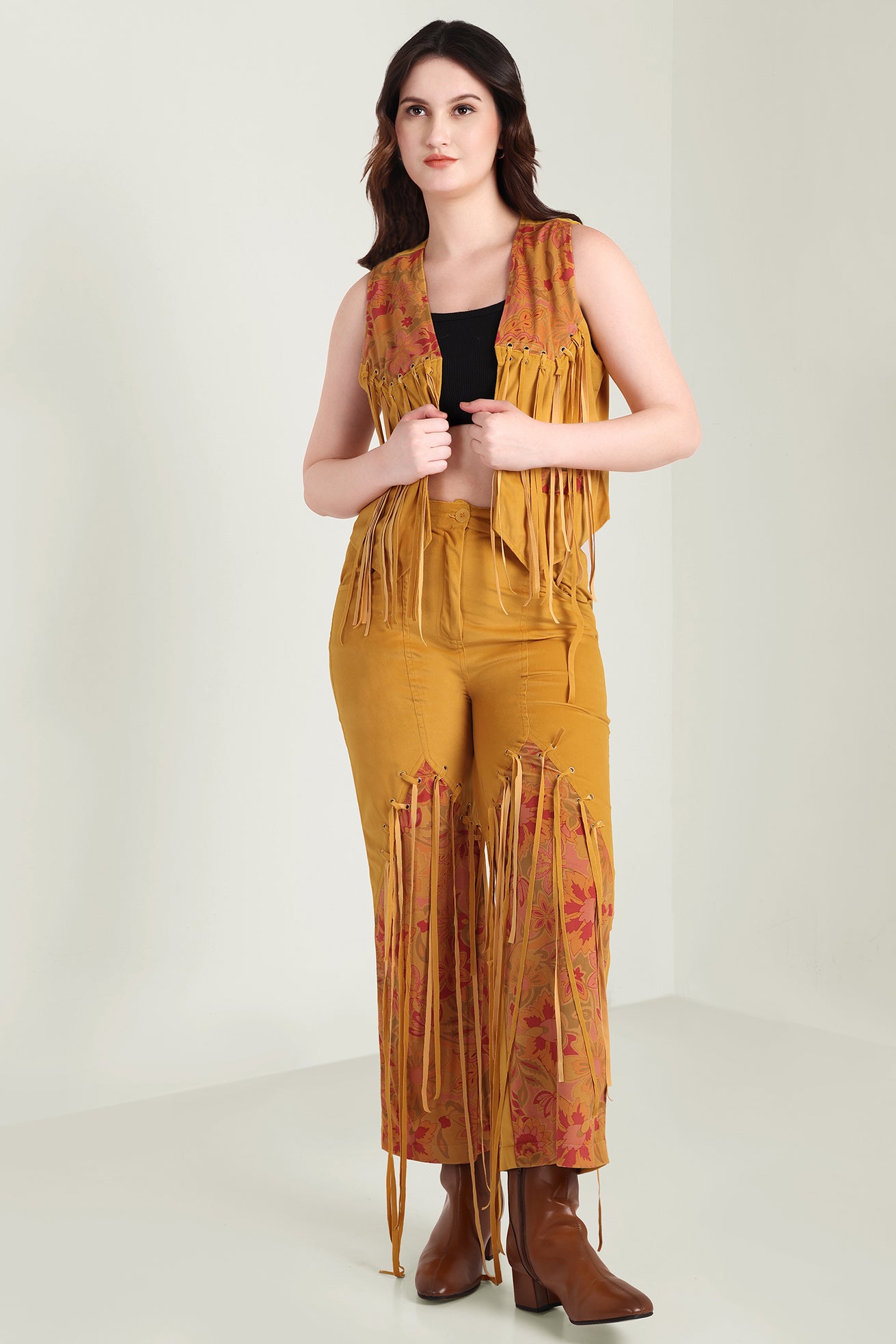 The Jolene Fringe Two Piece Set in Saddle Gold