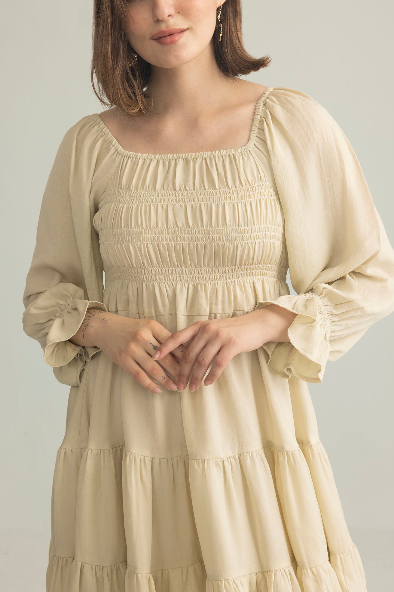 Daisywood Ruffle Smocking Dress in Oatmeal