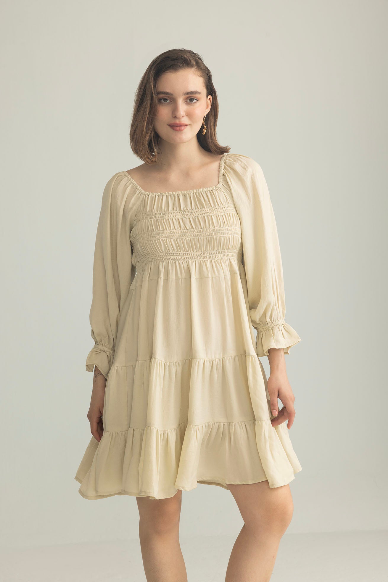 Daisywood Ruffle Smocking Dress in Oatmeal
