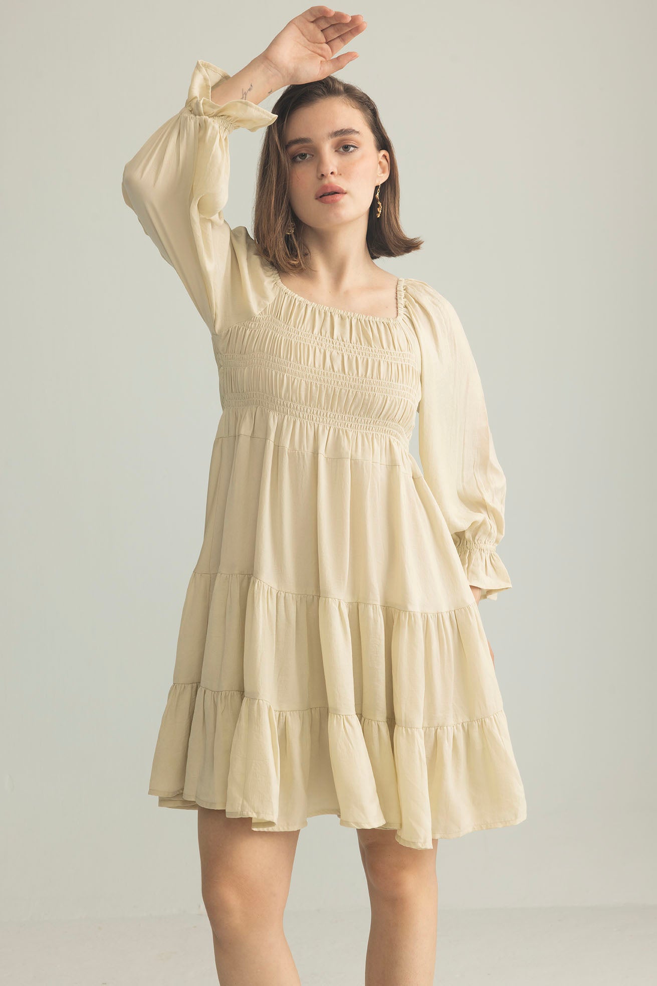 Daisywood Ruffle Smocking Dress in Oatmeal