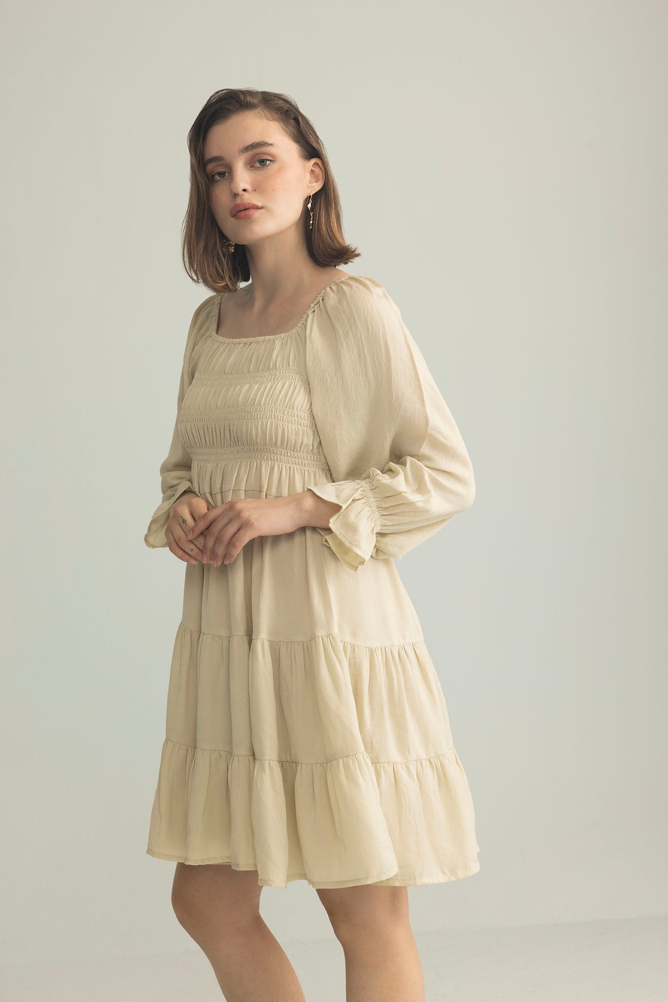 Daisywood Ruffle Smocking Dress in Oatmeal