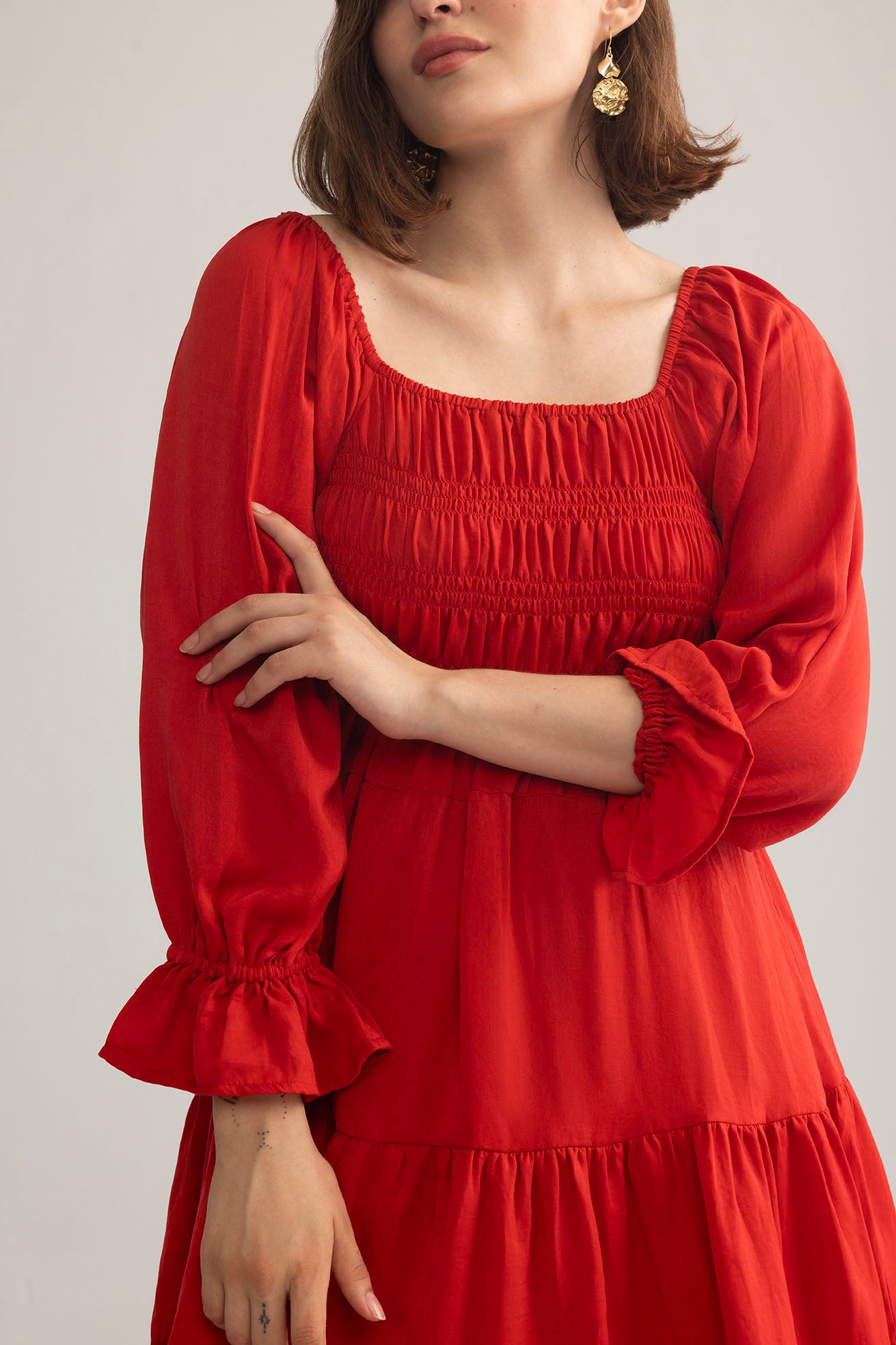 Daisywood Ruffle Smocking Dress in Red