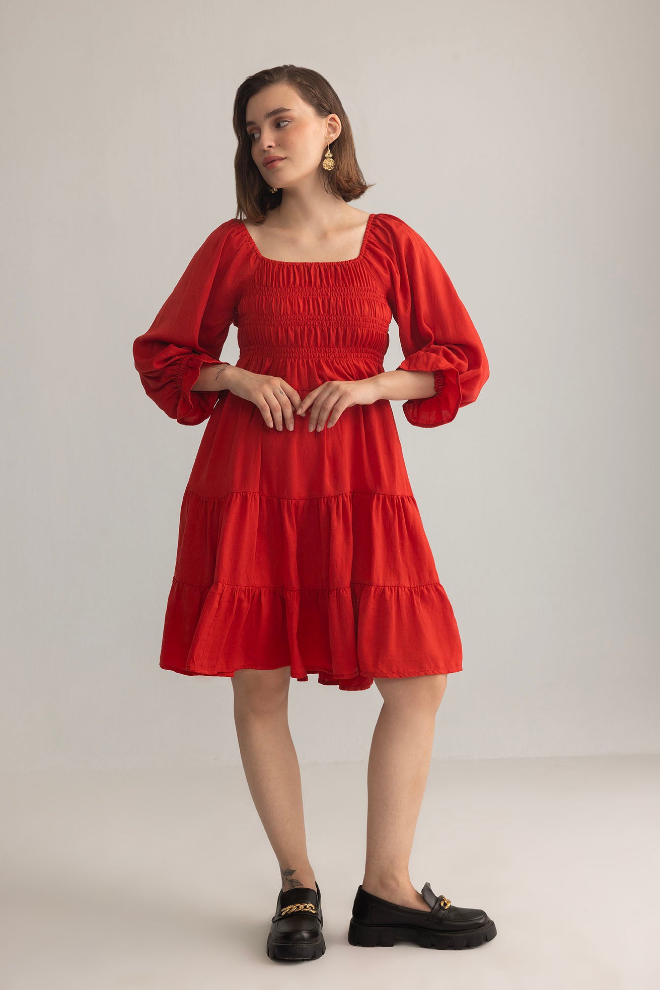 Daisywood Ruffle Smocking Dress in Red