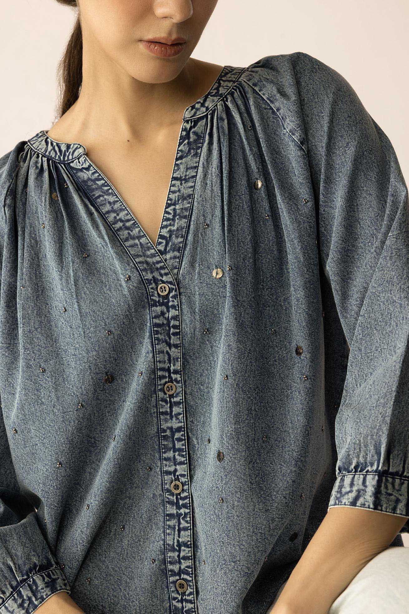 Stitched in Stardust Top in Washed Blue