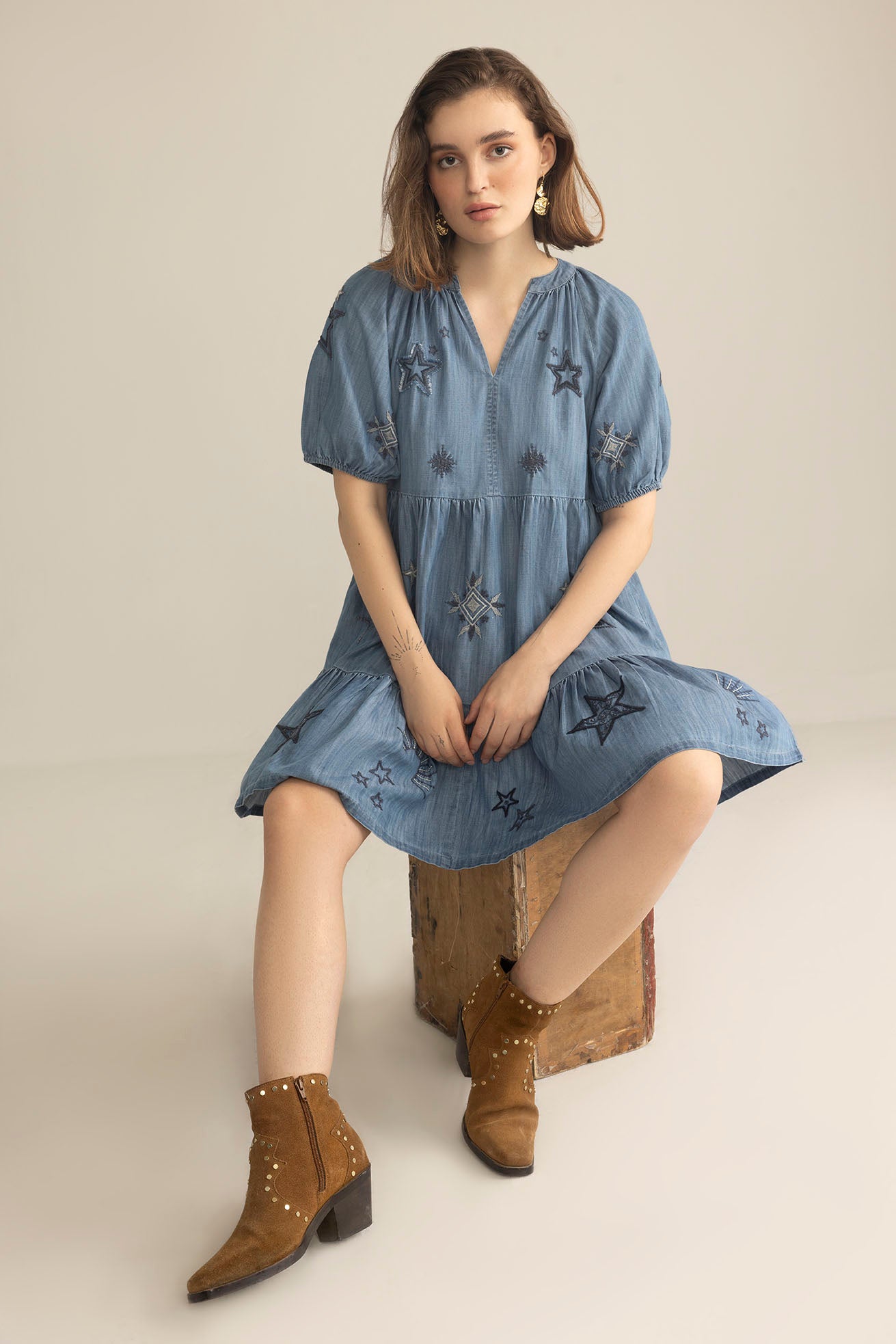 Prairie Hymn Embroidered Dress in Dusty Blue