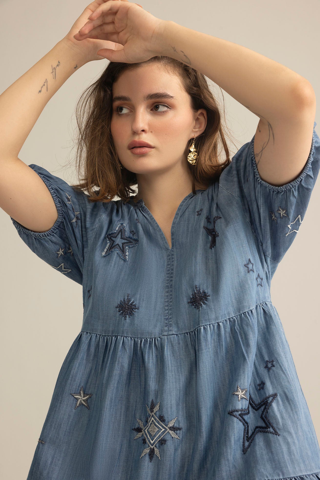 Prairie Hymn Embroidered Dress in Dusty Blue