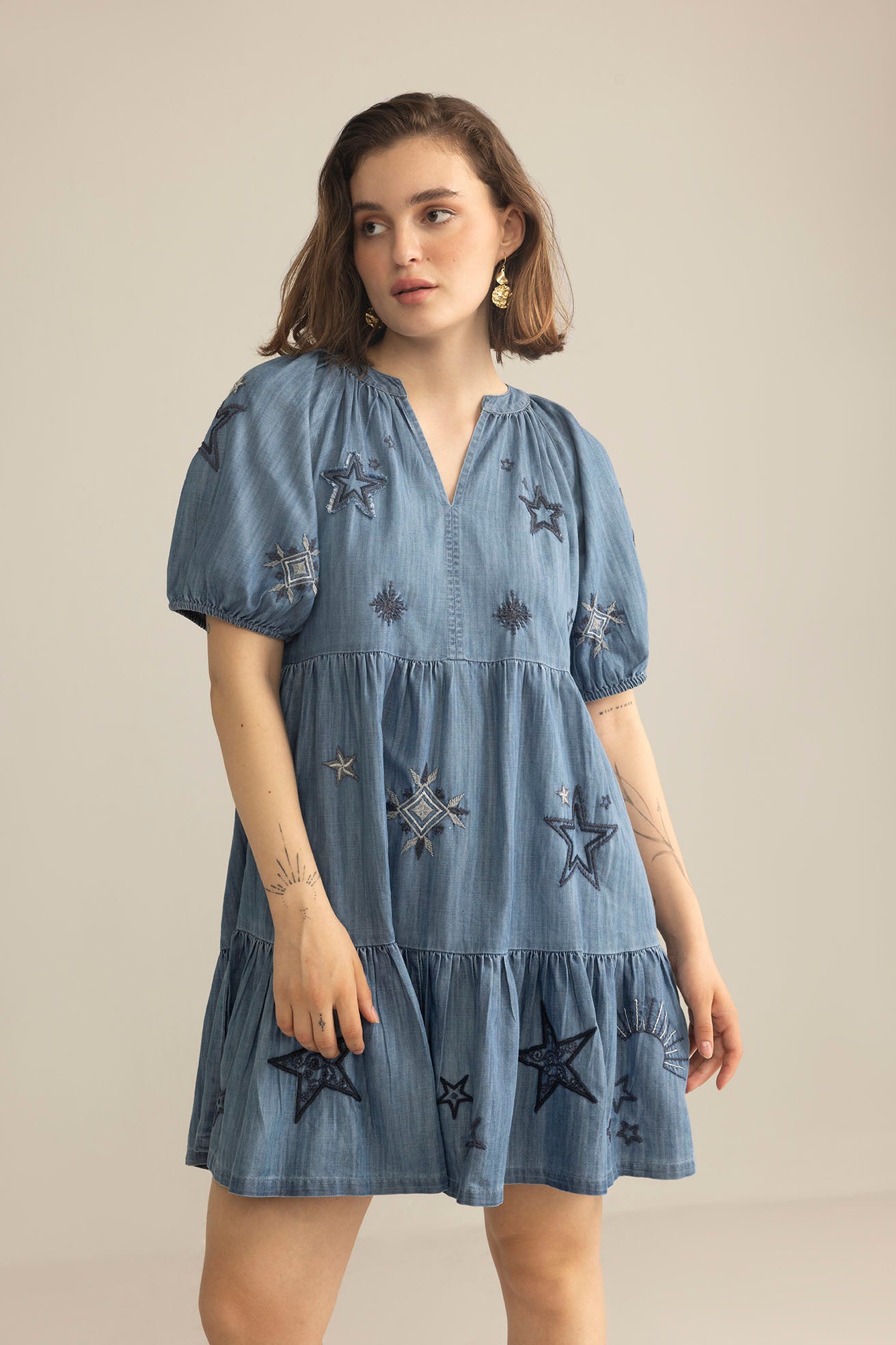 Prairie Hymn Embroidered Dress in Dusty Blue