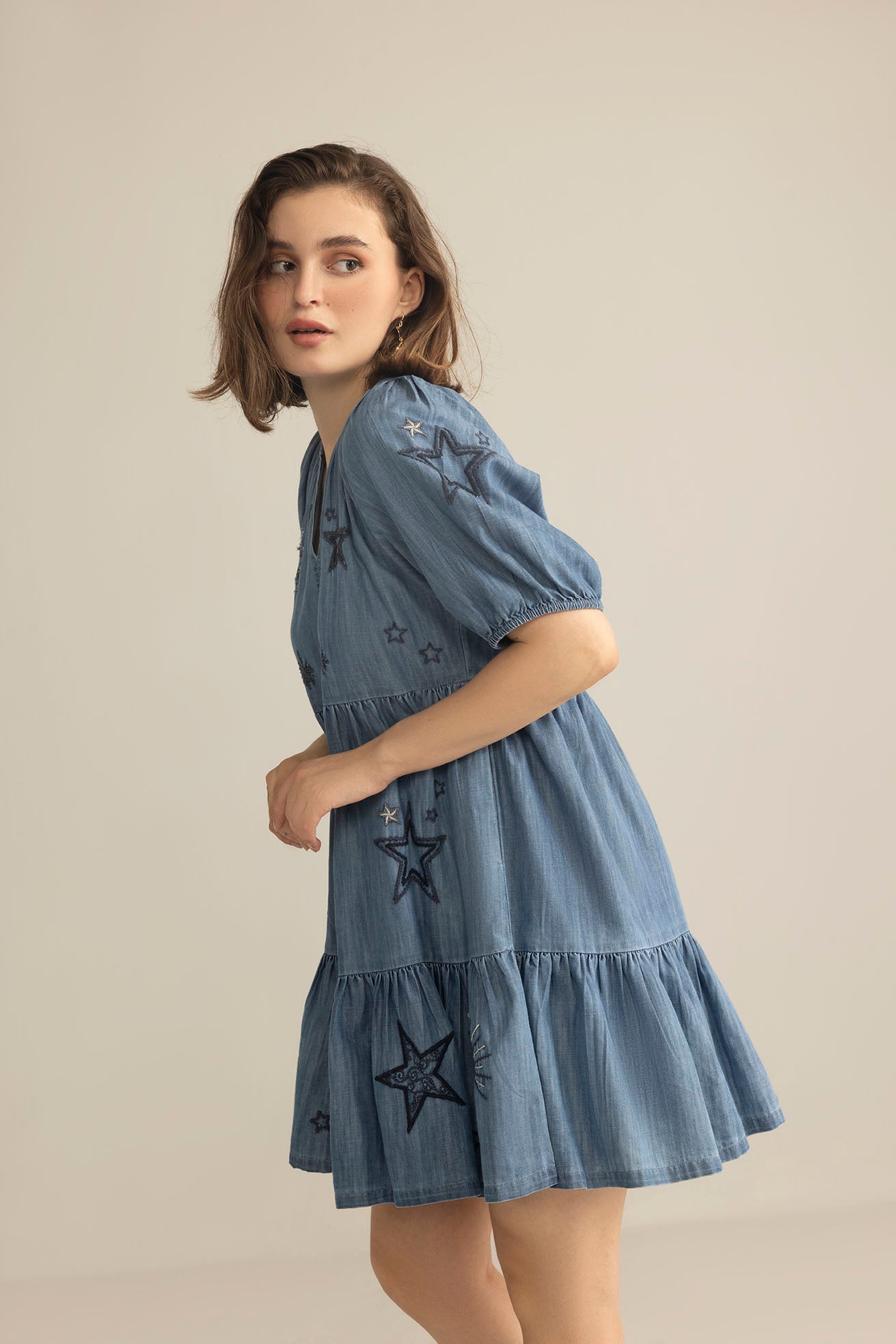 Prairie Hymn Embroidered Dress in Dusty Blue