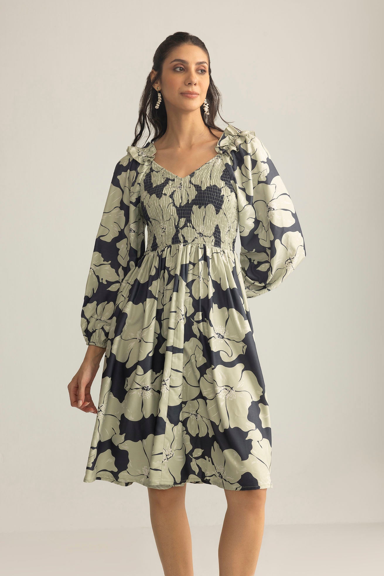 Wildmint Ruffle Smocking Dress in Beige & Light Cream