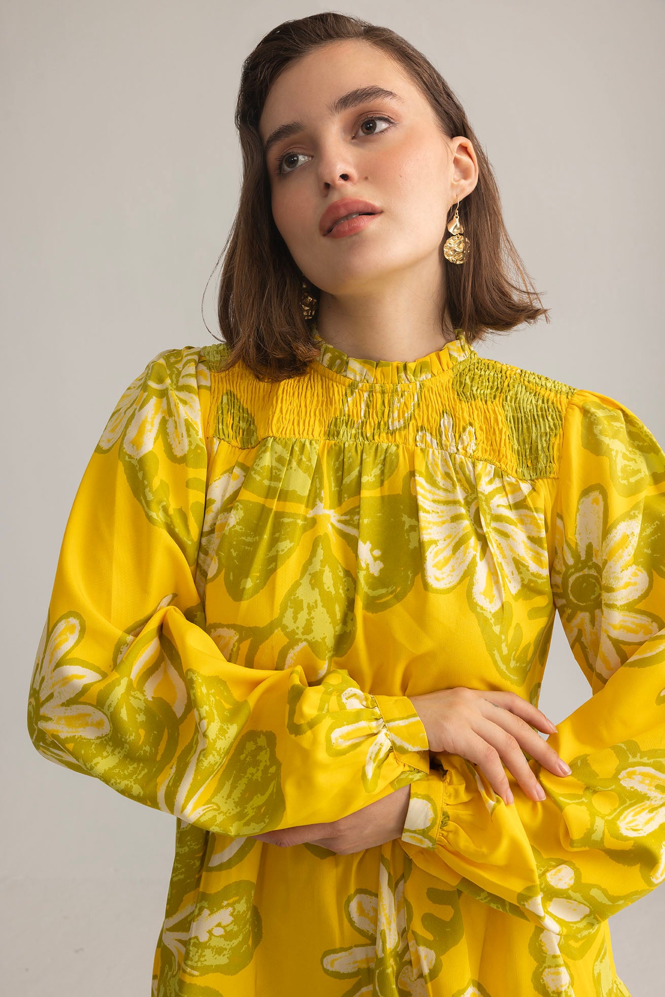 Wild Sienna Ruffle Dress in Yellow Floral print