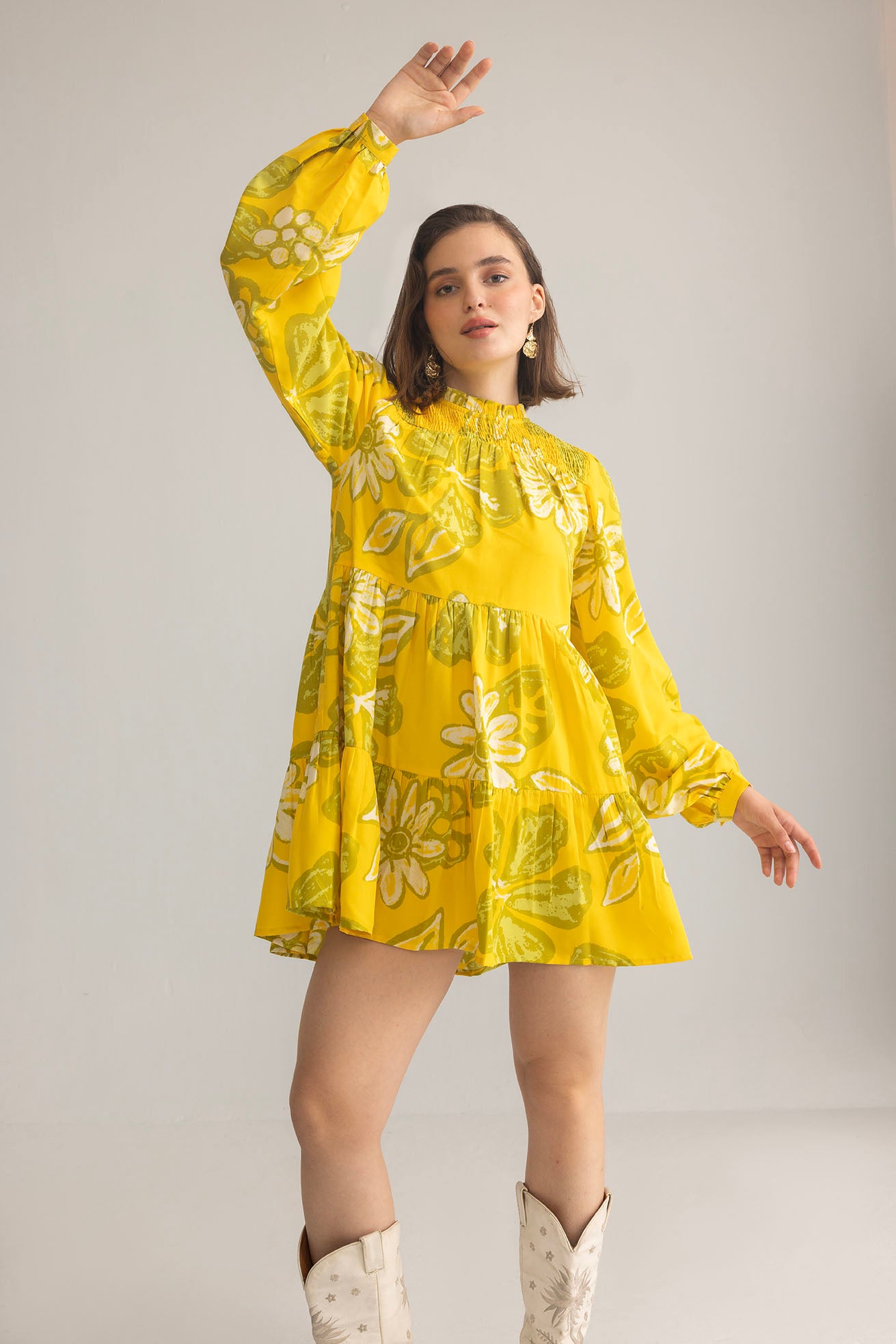 Wild Sienna Ruffle Dress in Yellow Floral print