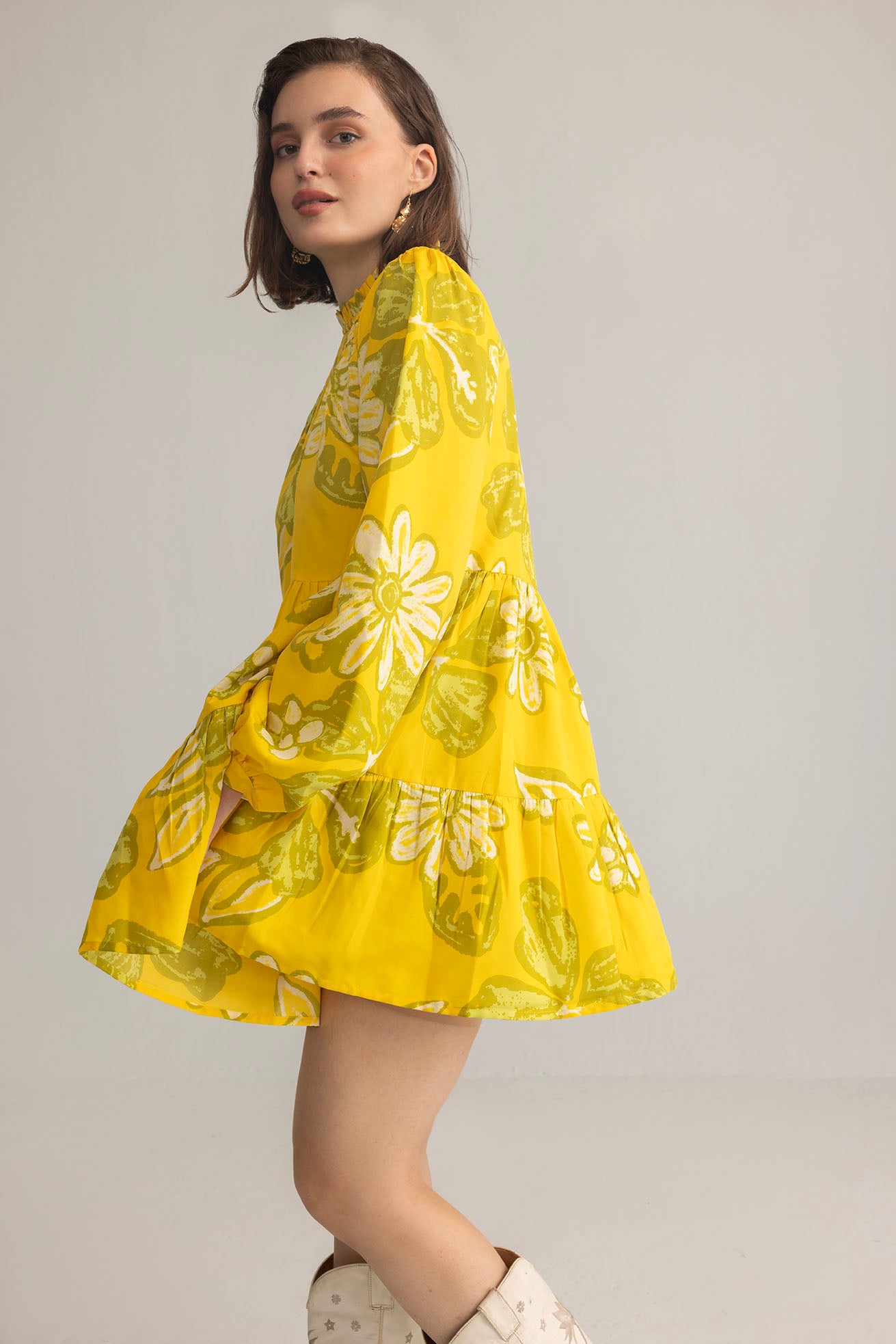 Wild Sienna Ruffle Dress in Yellow Floral print