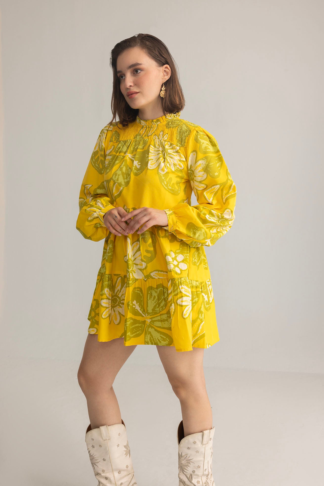 Wild Sienna Ruffle Dress in Yellow Floral print