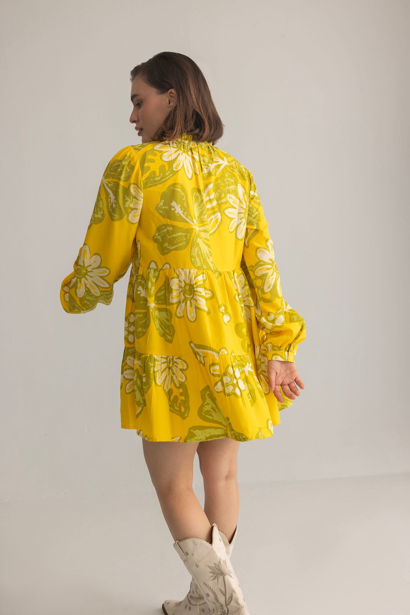 Wild Sienna Ruffle Dress in Yellow Floral print