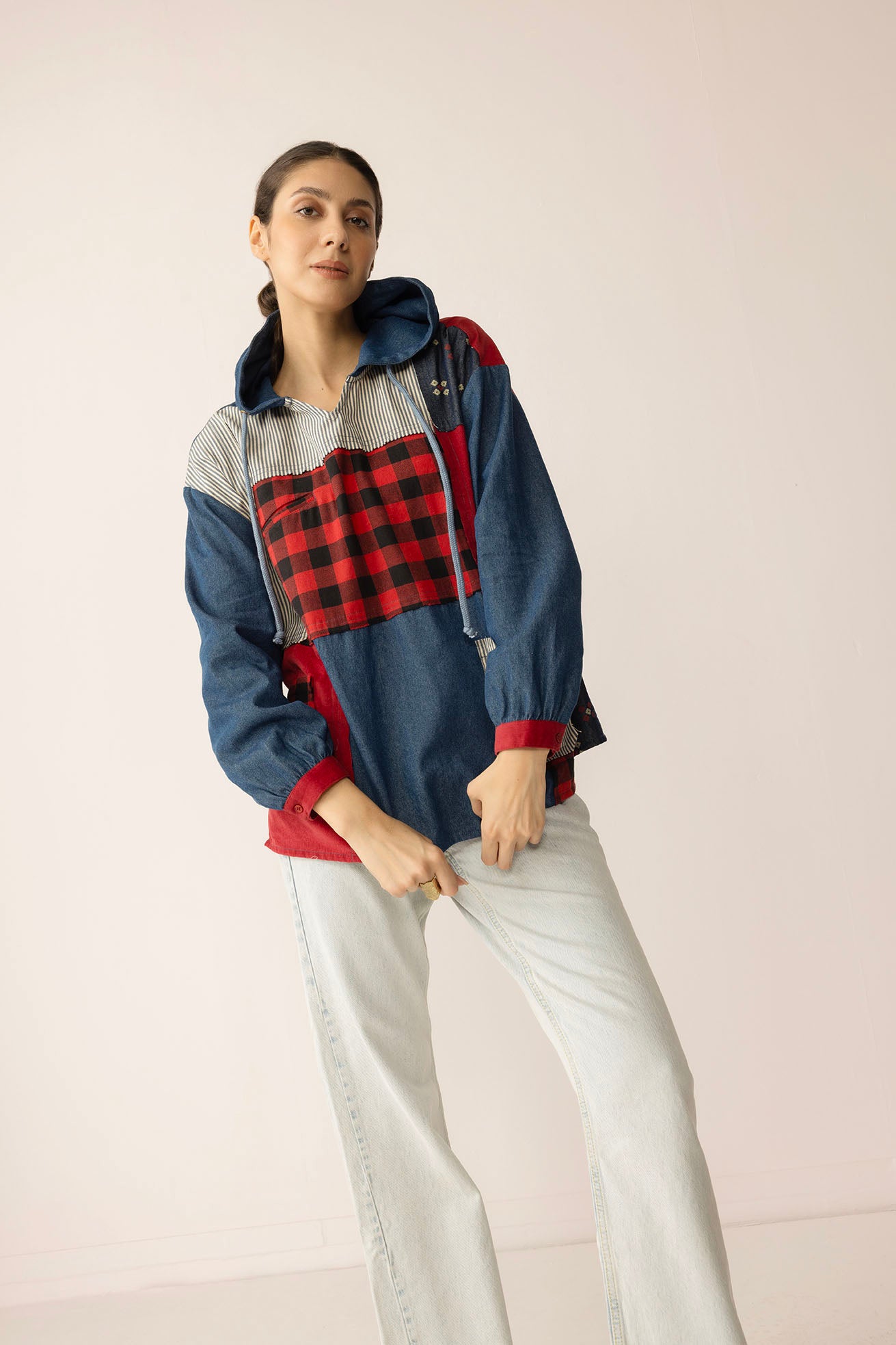 The Americana Patchwork Hoodie in Cherry Denim