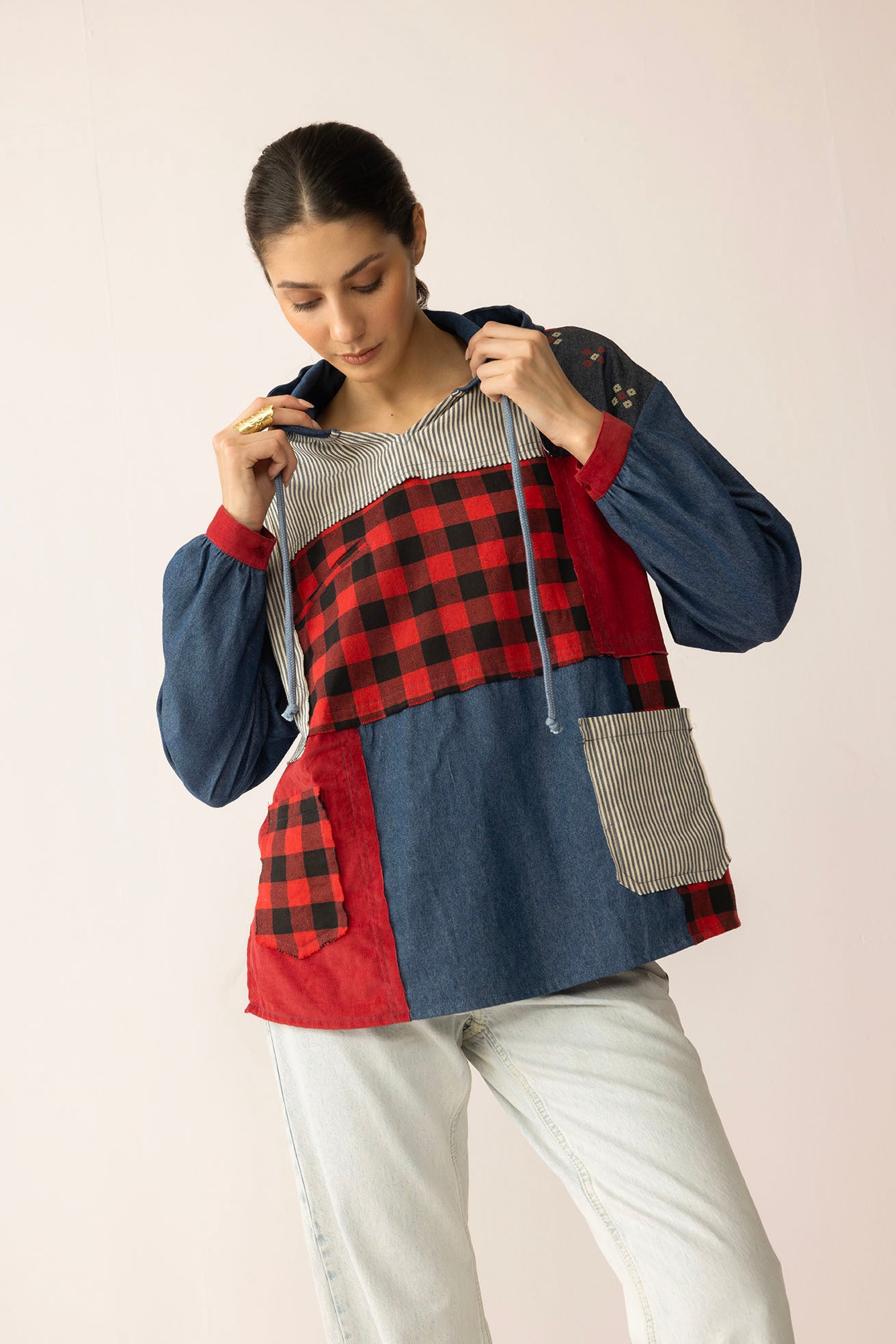 The Americana Patchwork Hoodie in Cherry Denim