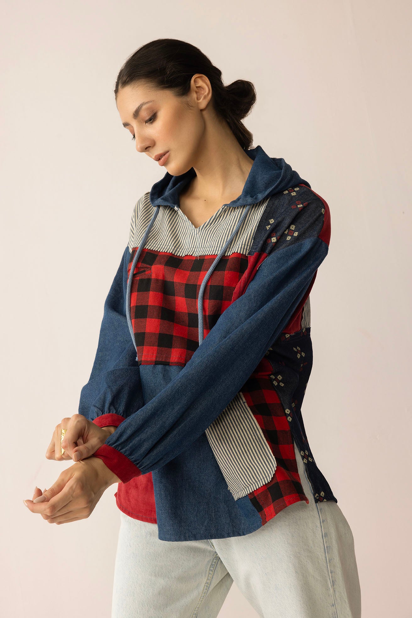 The Americana Patchwork Hoodie in Cherry Denim