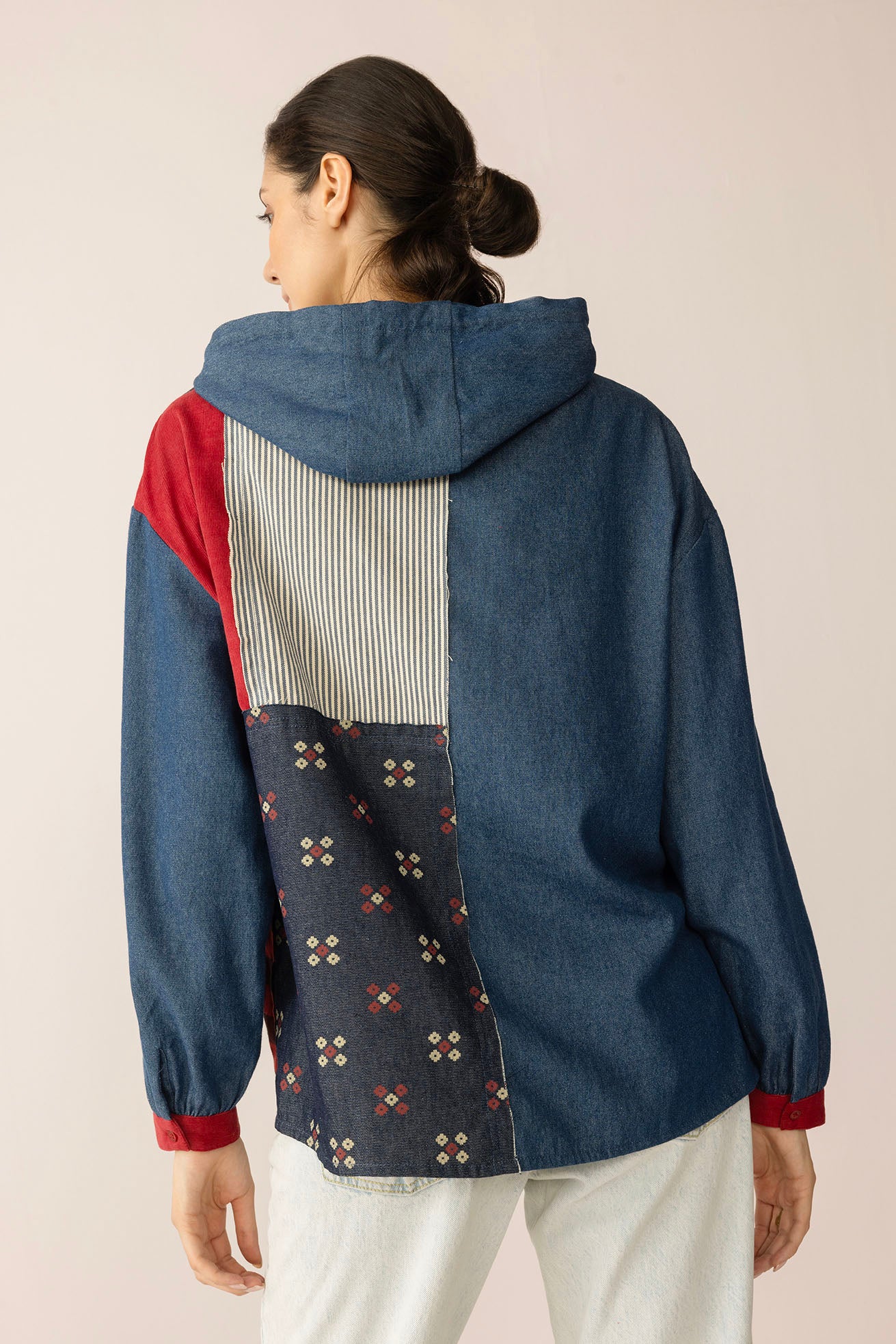 The Americana Patchwork Hoodie in Cherry Denim
