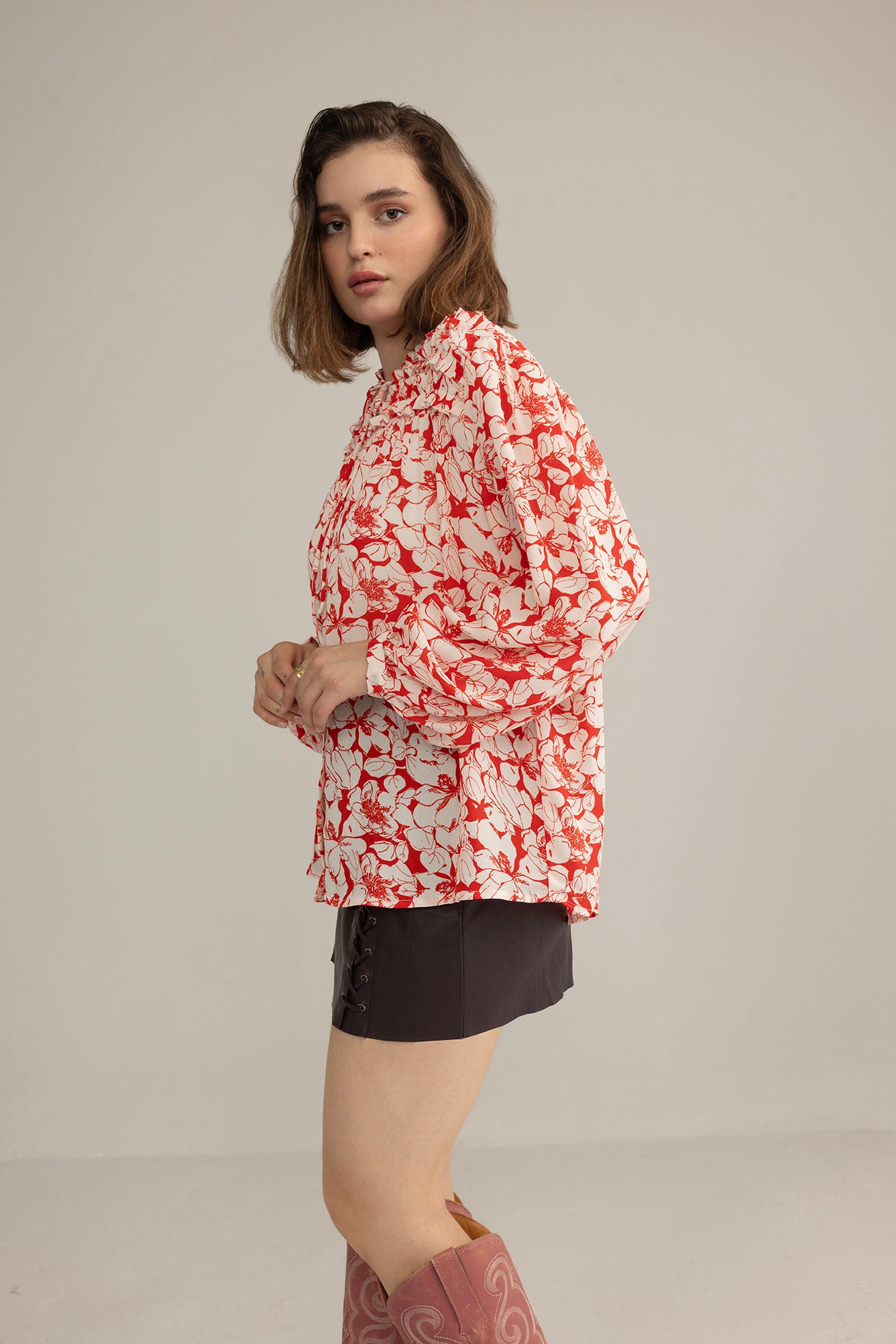 Cherry Fleur Ruffle Top in Crimson Pink