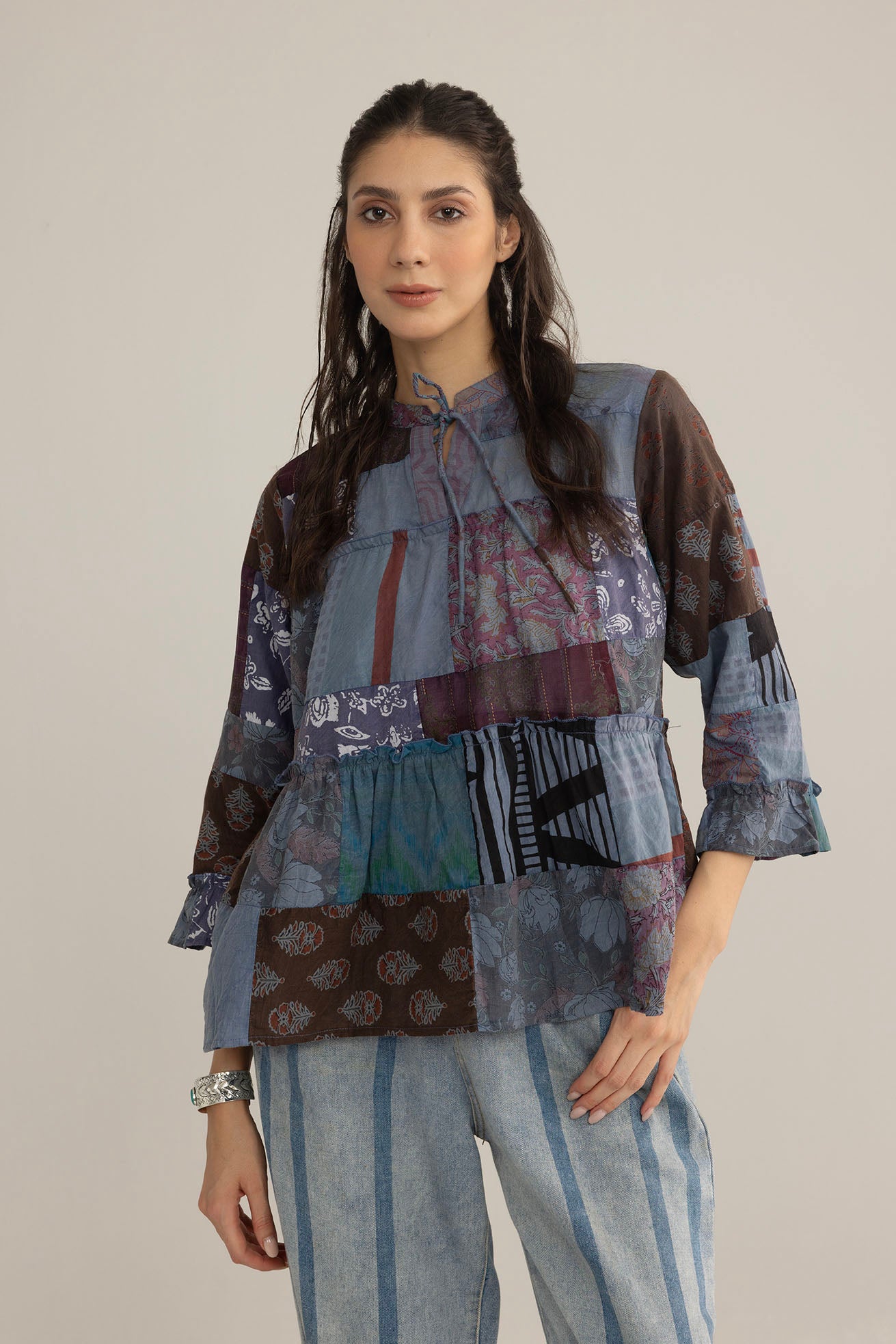 Bohera Tangled Spice Patchwork Top in Caravan Gray