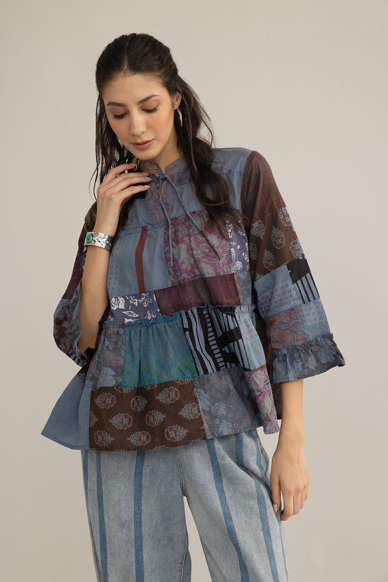 Bohera Tangled Spice Patchwork Top in Caravan Gray