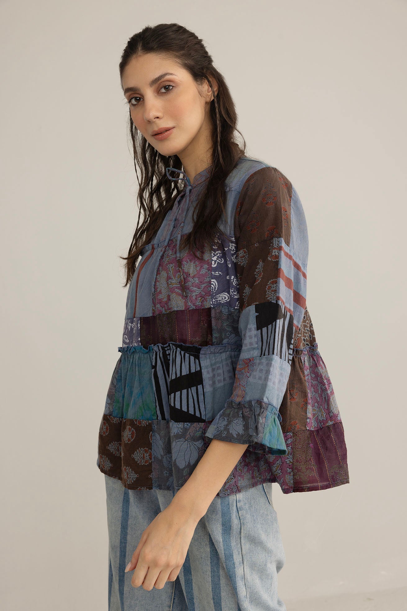 Bohera Tangled Spice Patchwork Top in Caravan Gray