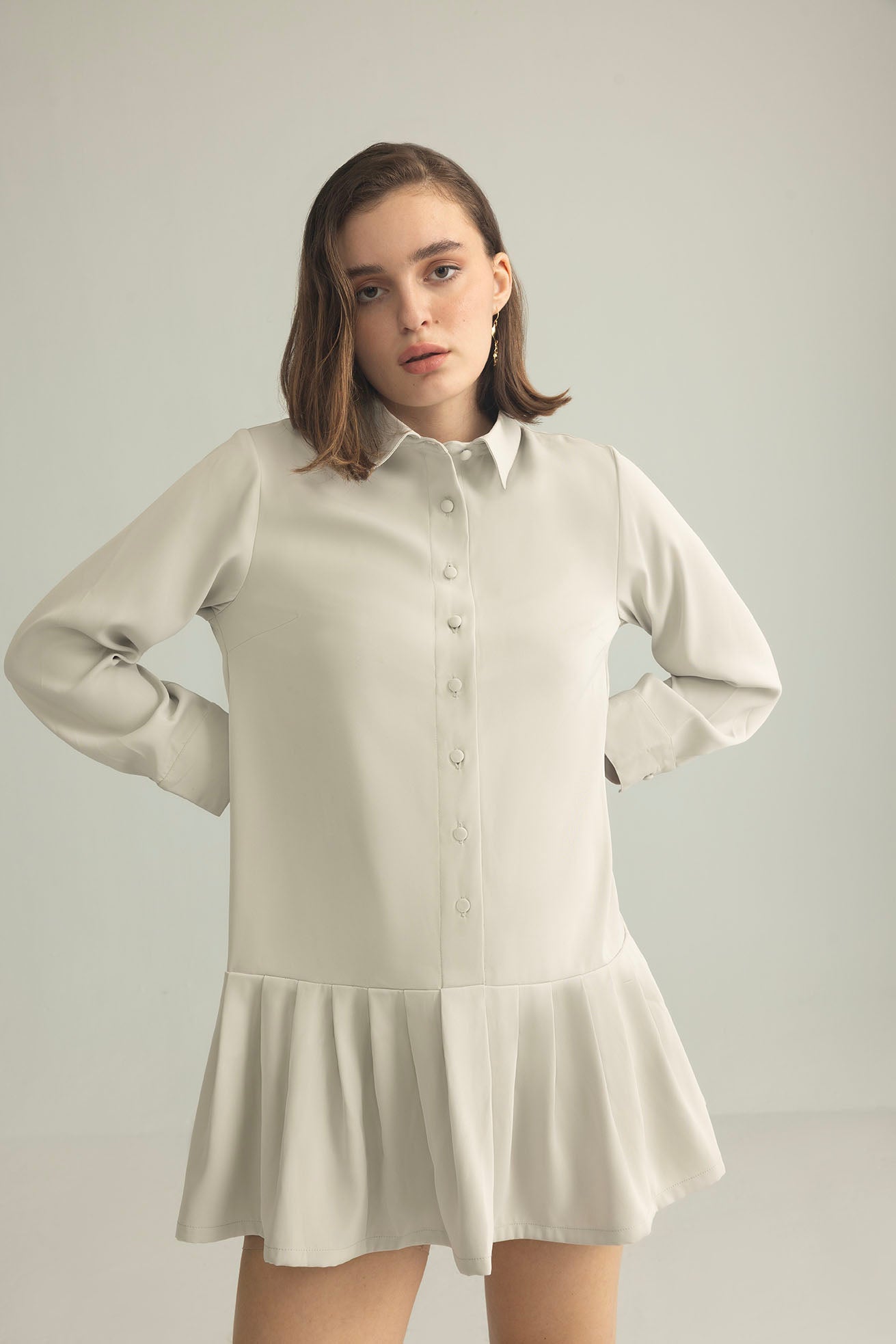 Blush Hour Pleated Mini Dress in Lunar Rock