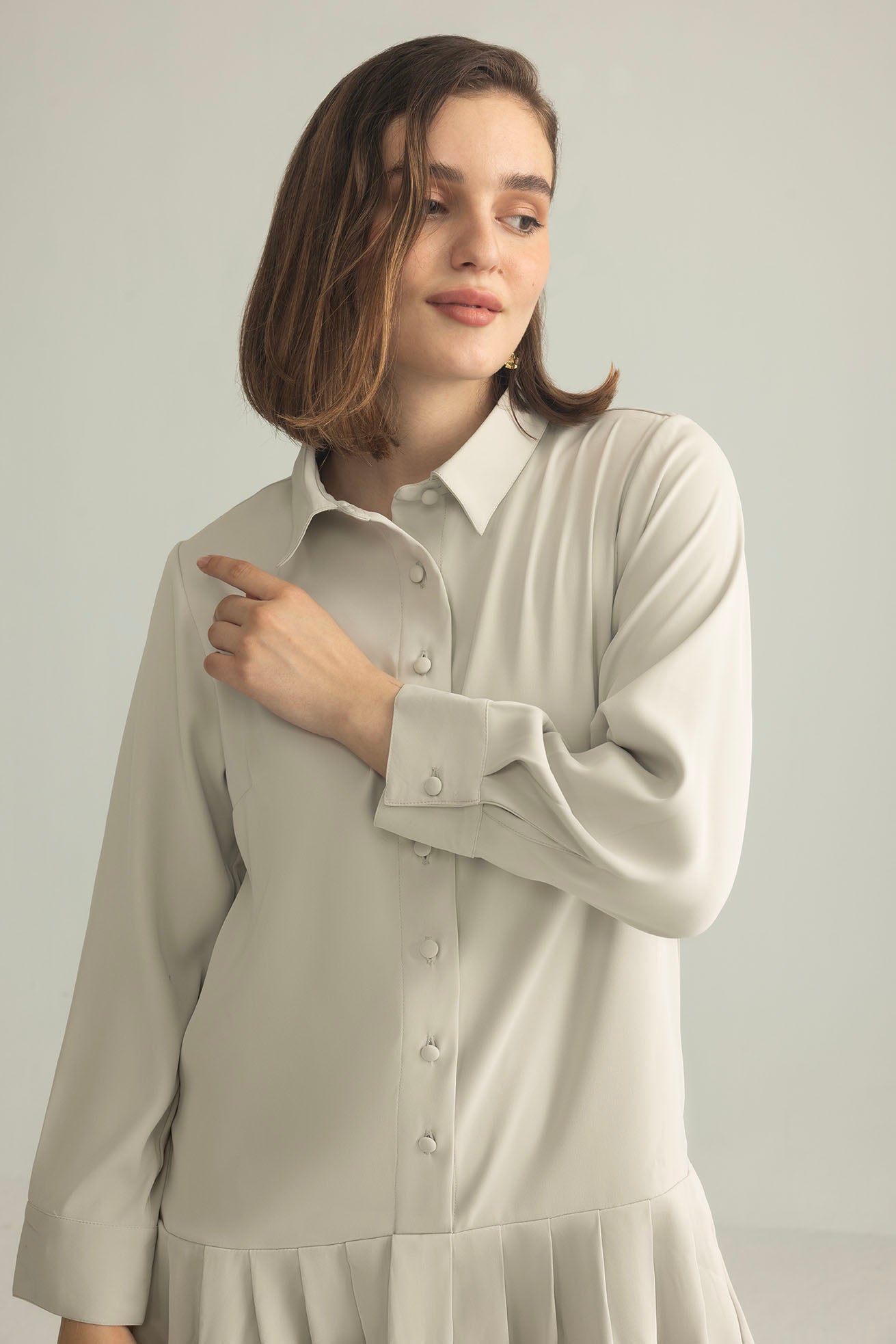 Blush Hour Pleated Mini Dress in Lunar Rock