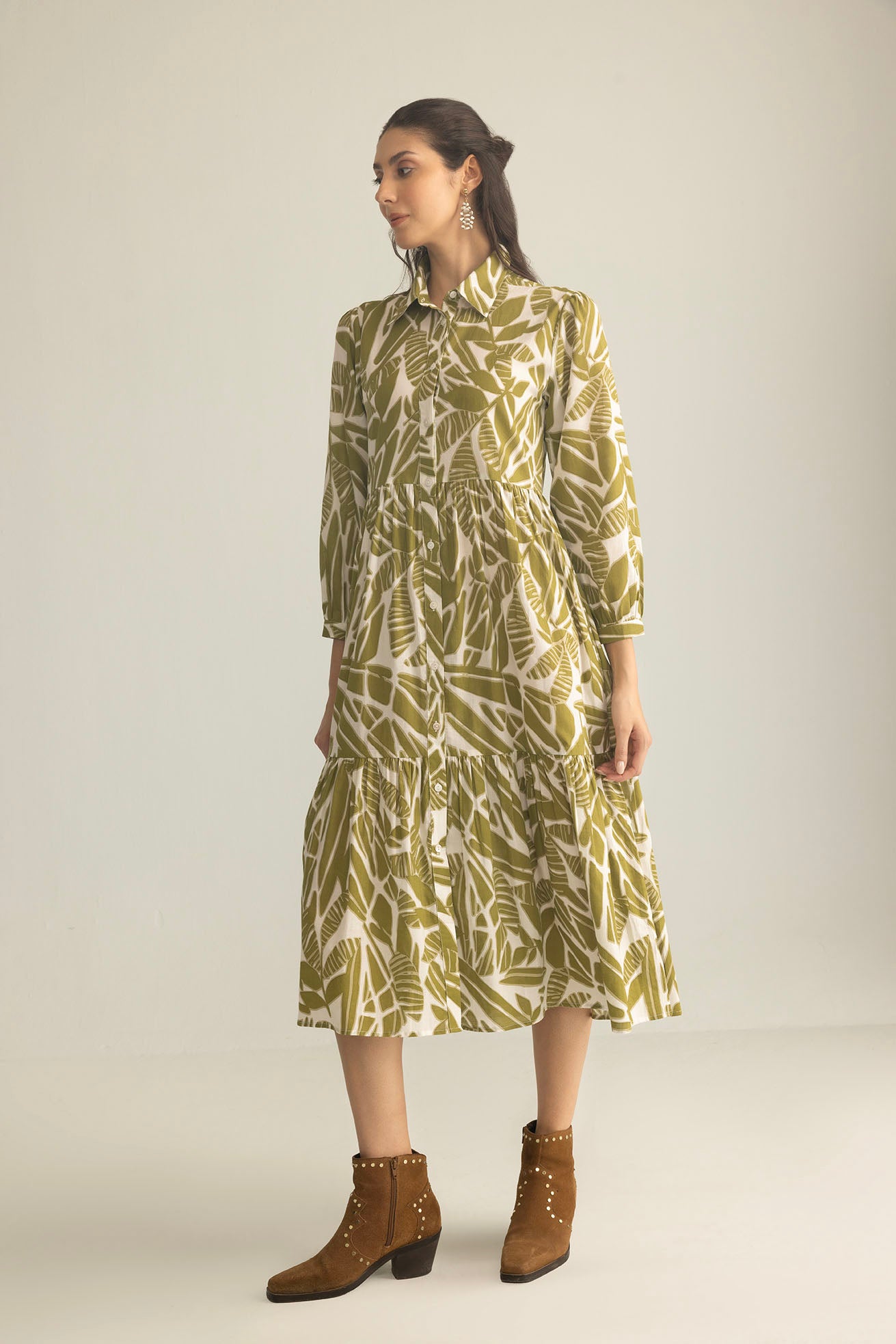 Grid & Grace Midi Dress in Olive Green