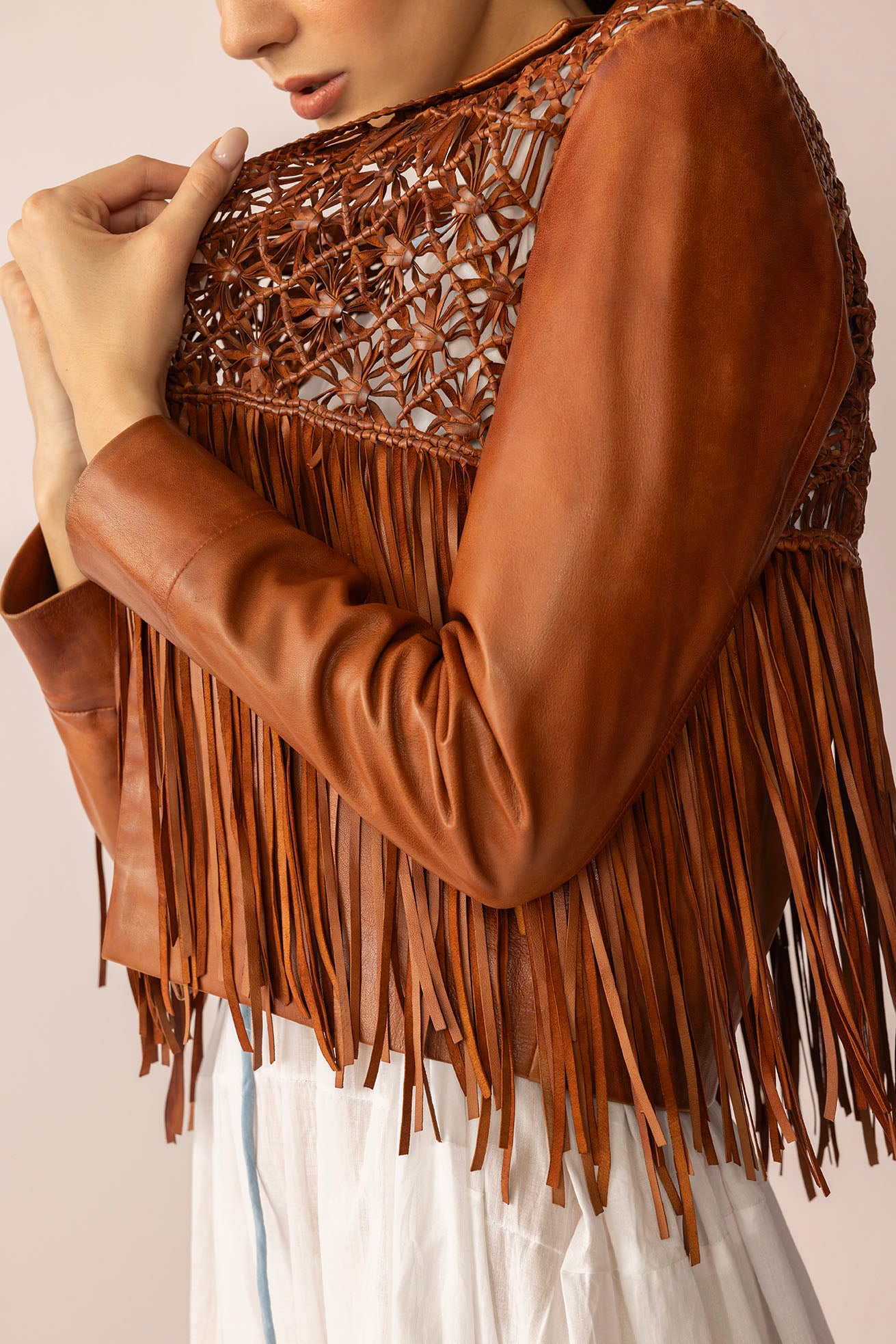 Boheme Braids Leather Jacket in Maple Brown