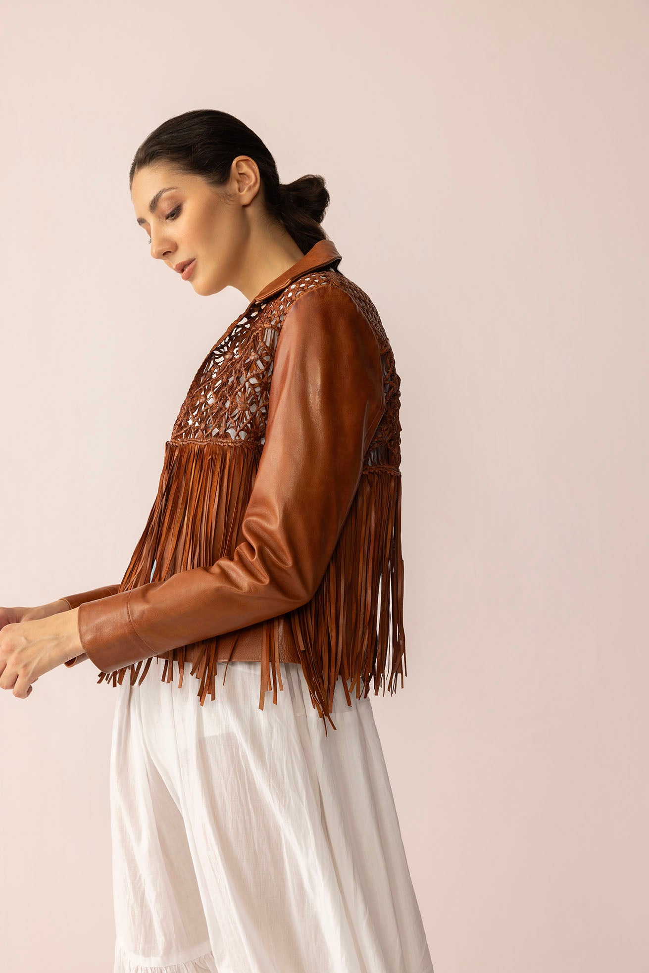 Boheme Braids Leather Jacket in Maple Brown