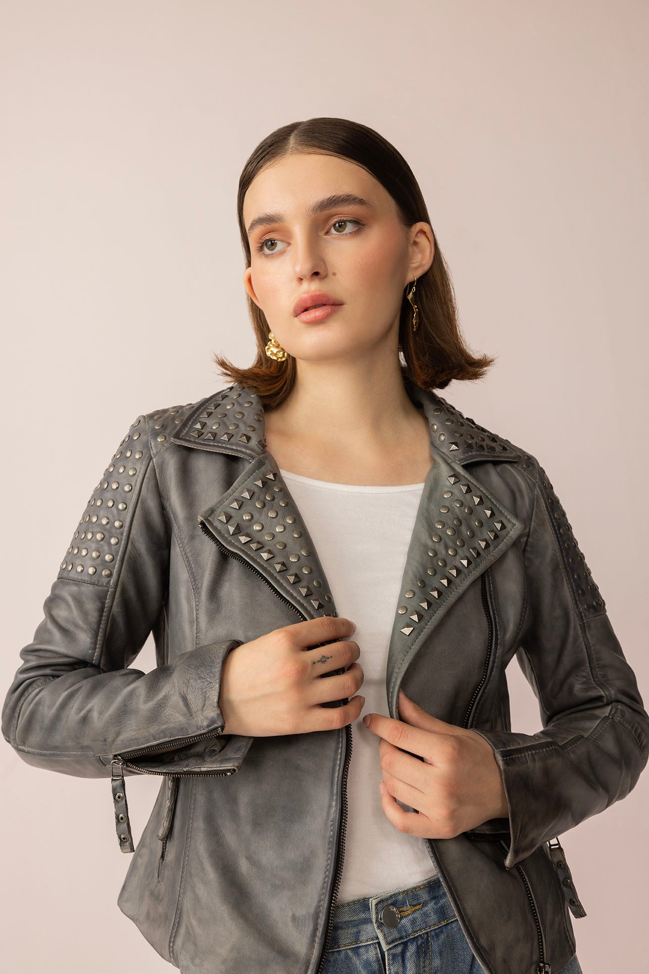 Shadow Storm Leather Jacket in Moon Grey