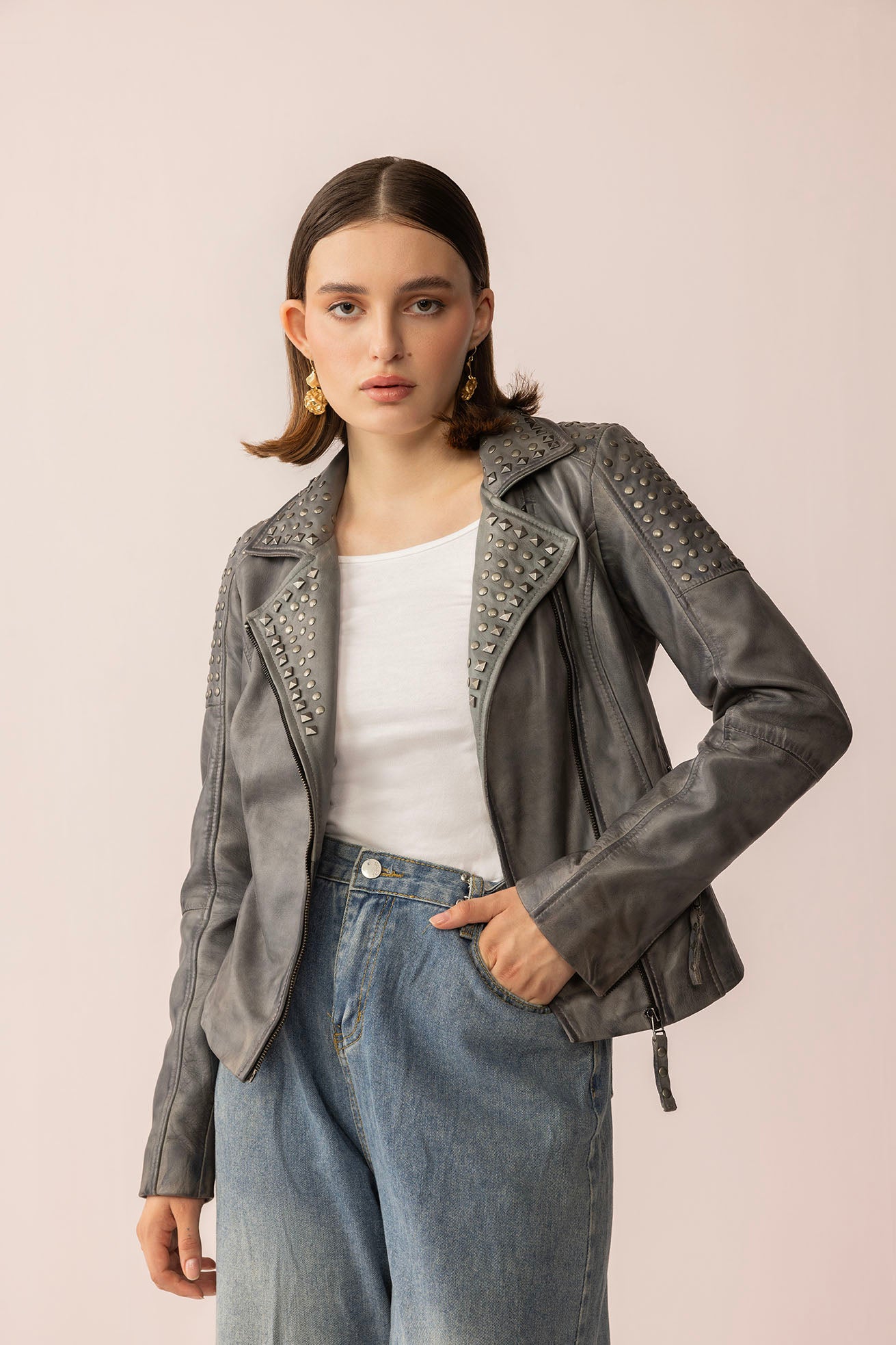 Shadow Storm Leather Jacket in Moon Grey