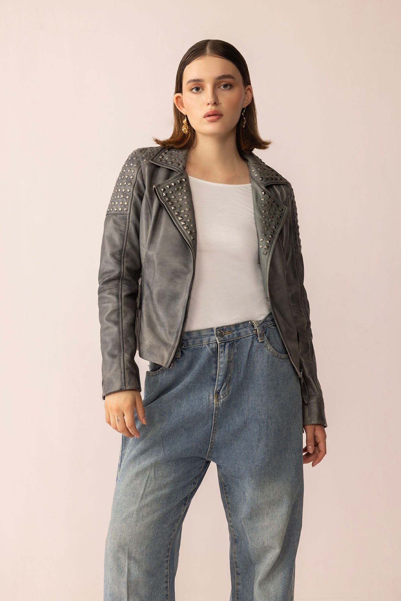 Shadow Storm Leather Jacket in Moon Grey