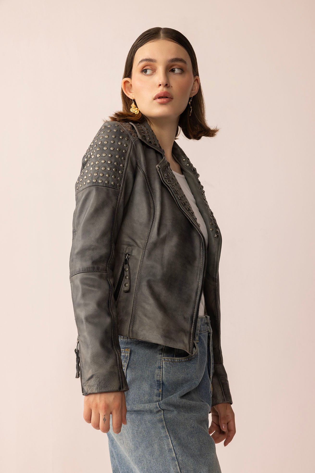 Shadow Storm Leather Jacket in Moon Grey