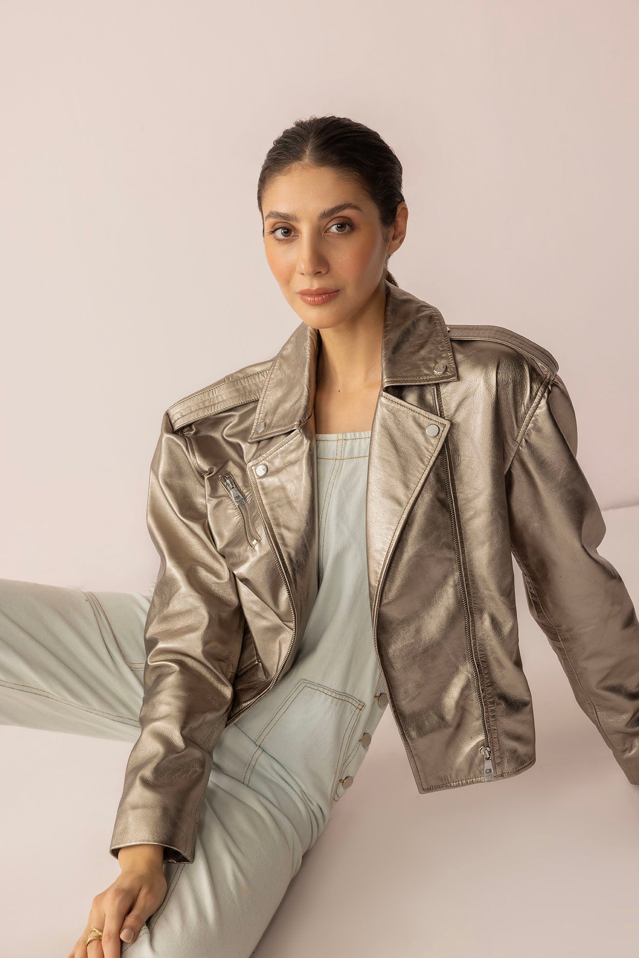 Astrid Shimmer Leather Jacket in Cosmic Silver