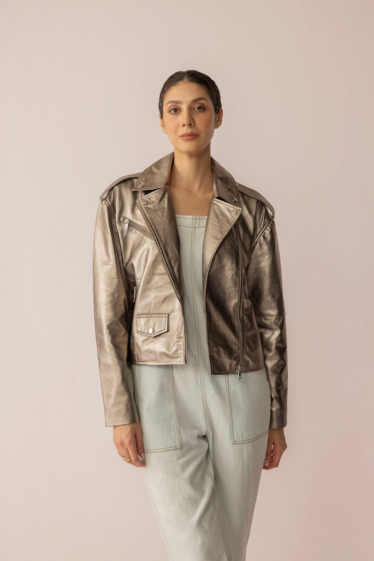 Astrid Shimmer Leather Jacket in Cosmic Silver