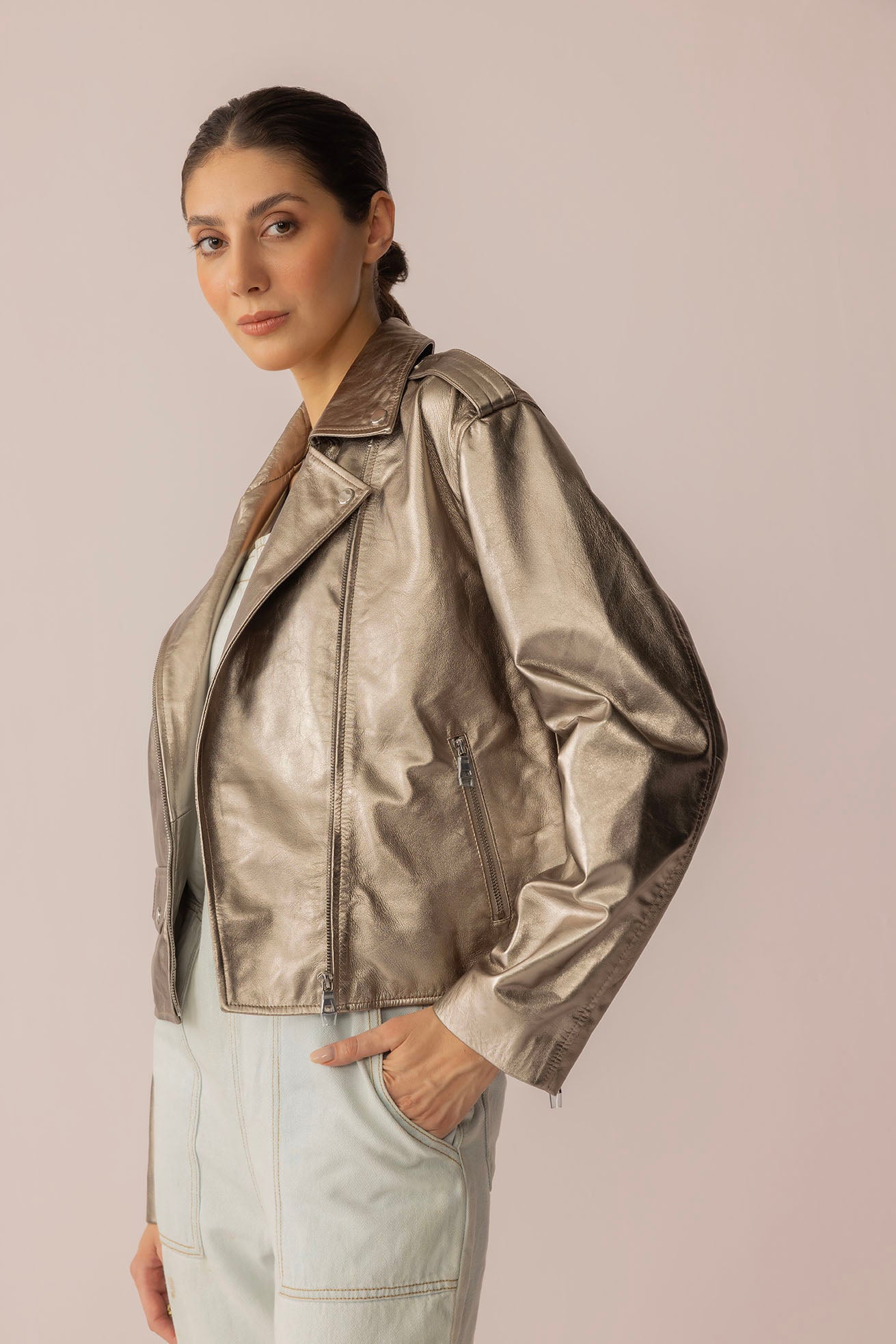 Astrid Shimmer Leather Jacket in Cosmic Silver