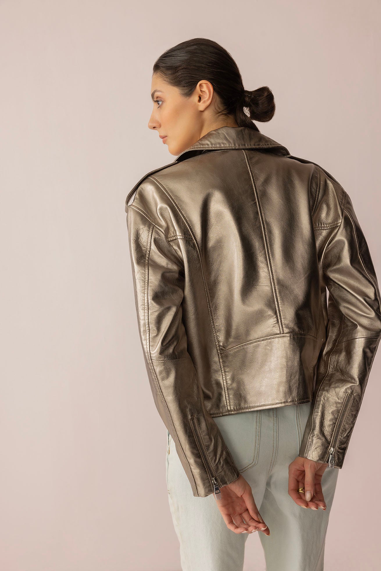 Astrid Shimmer Leather Jacket in Cosmic Silver
