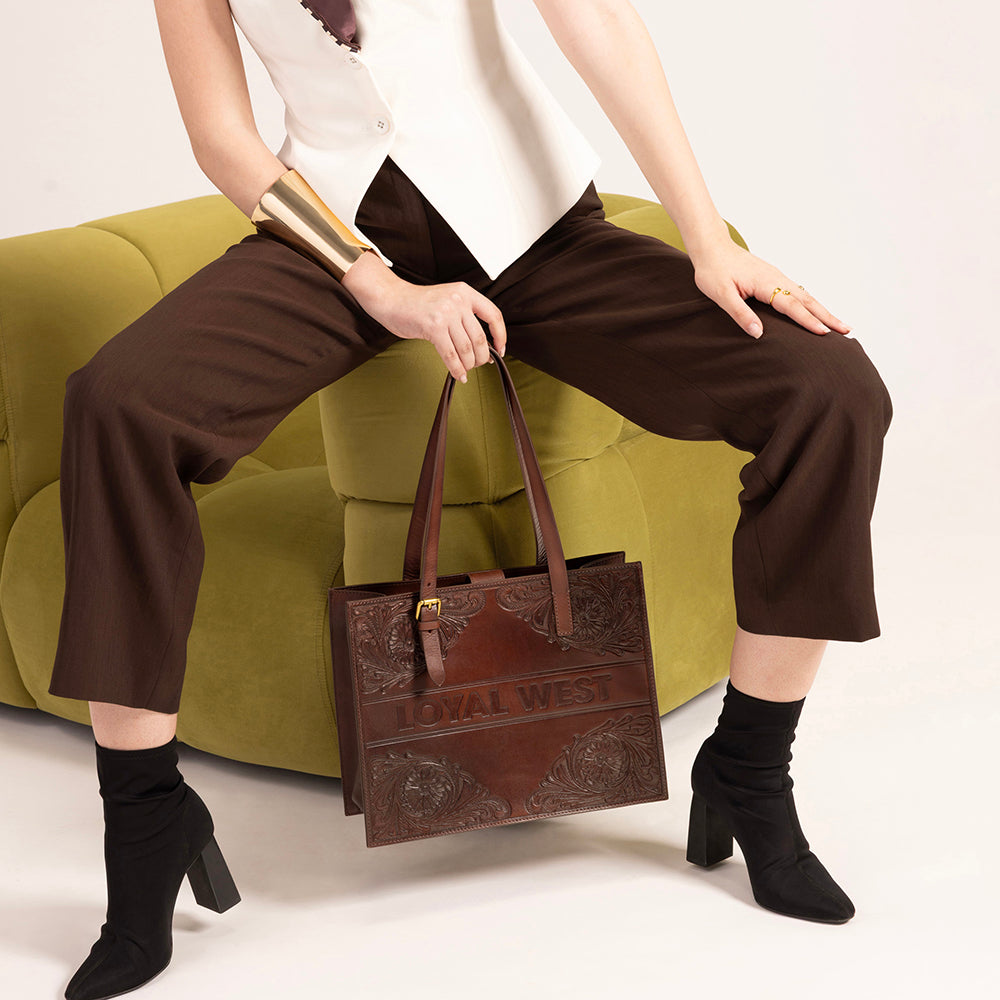 Mivva Handtooled Medium Bag - Brunette Leather