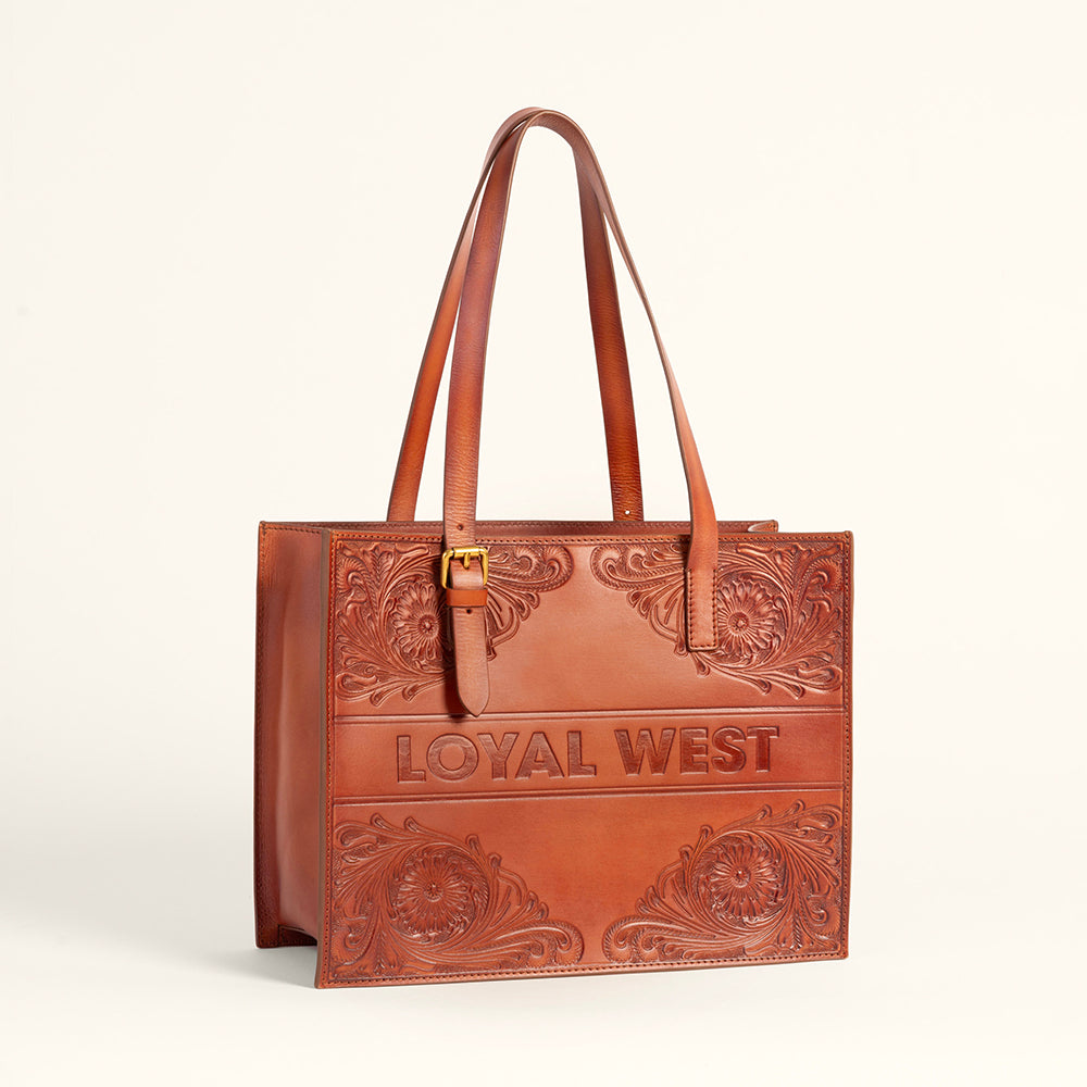 Mivva Handtooled Medium Bag - Soft Walnut Leather