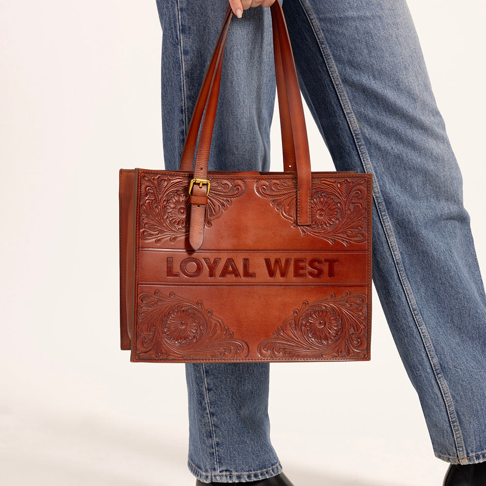 Mivva Handtooled Medium Bag - Soft Walnut Leather