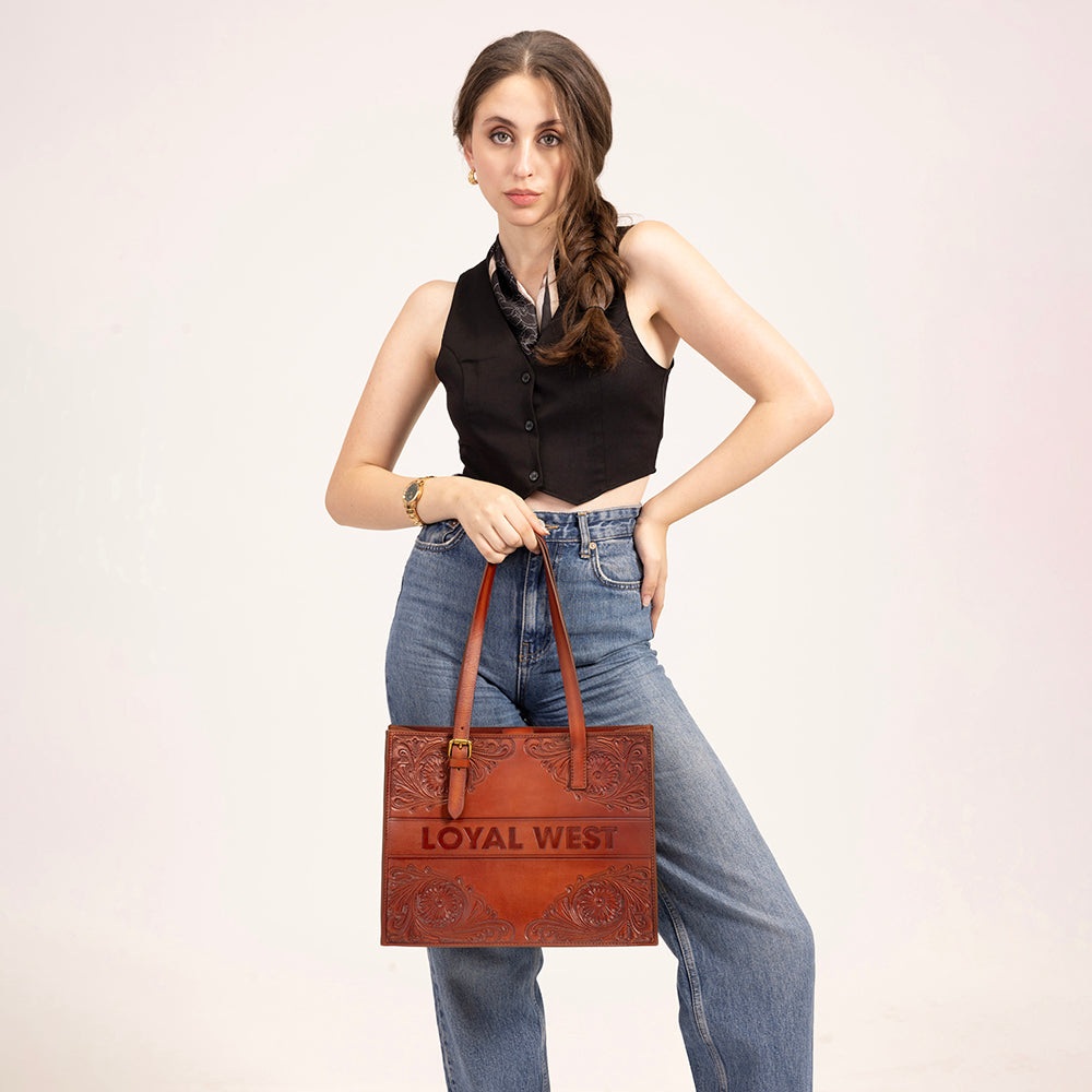 Mivva Handtooled Medium Bag - Soft Walnut Leather