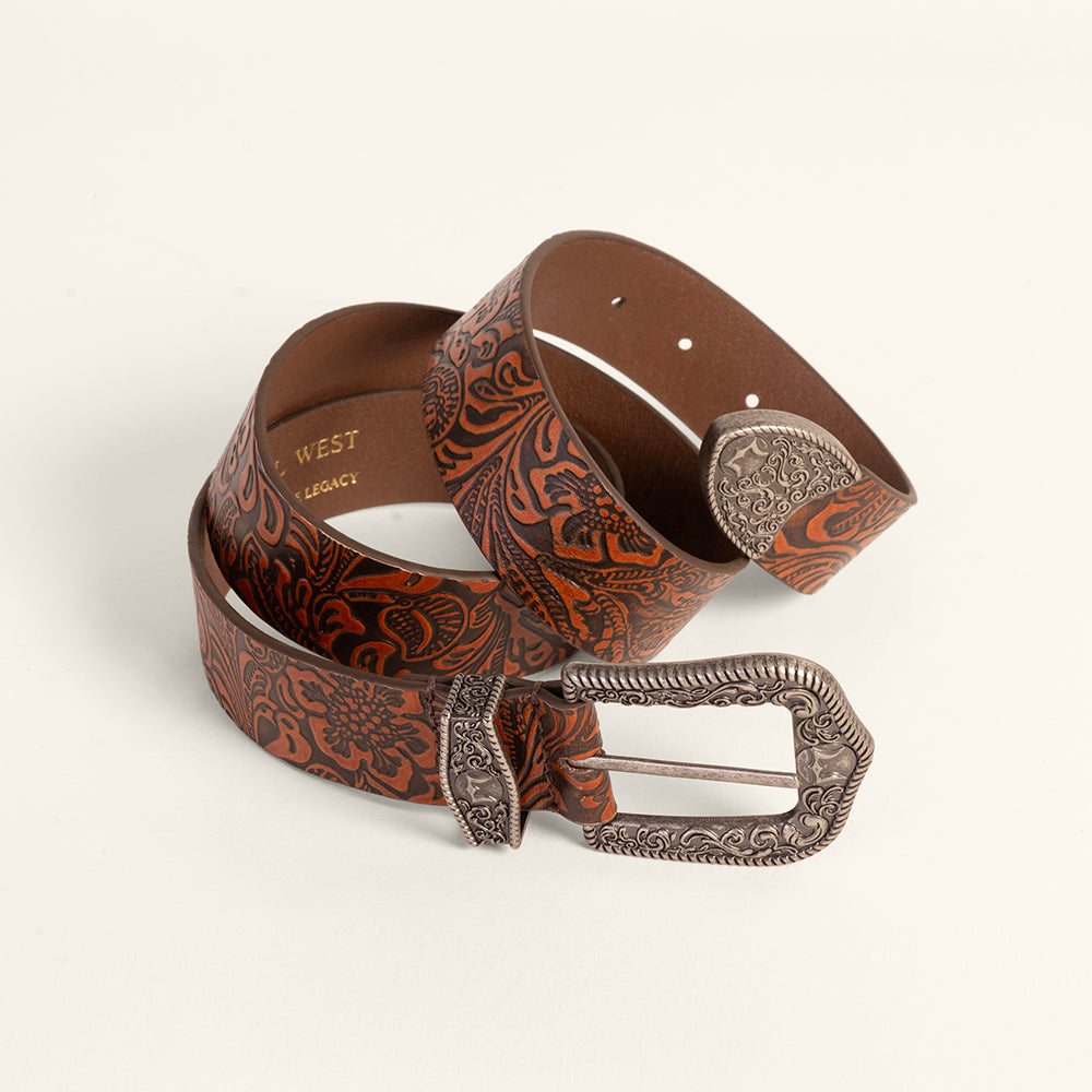 Sophia Belt - Brown Floral Leather