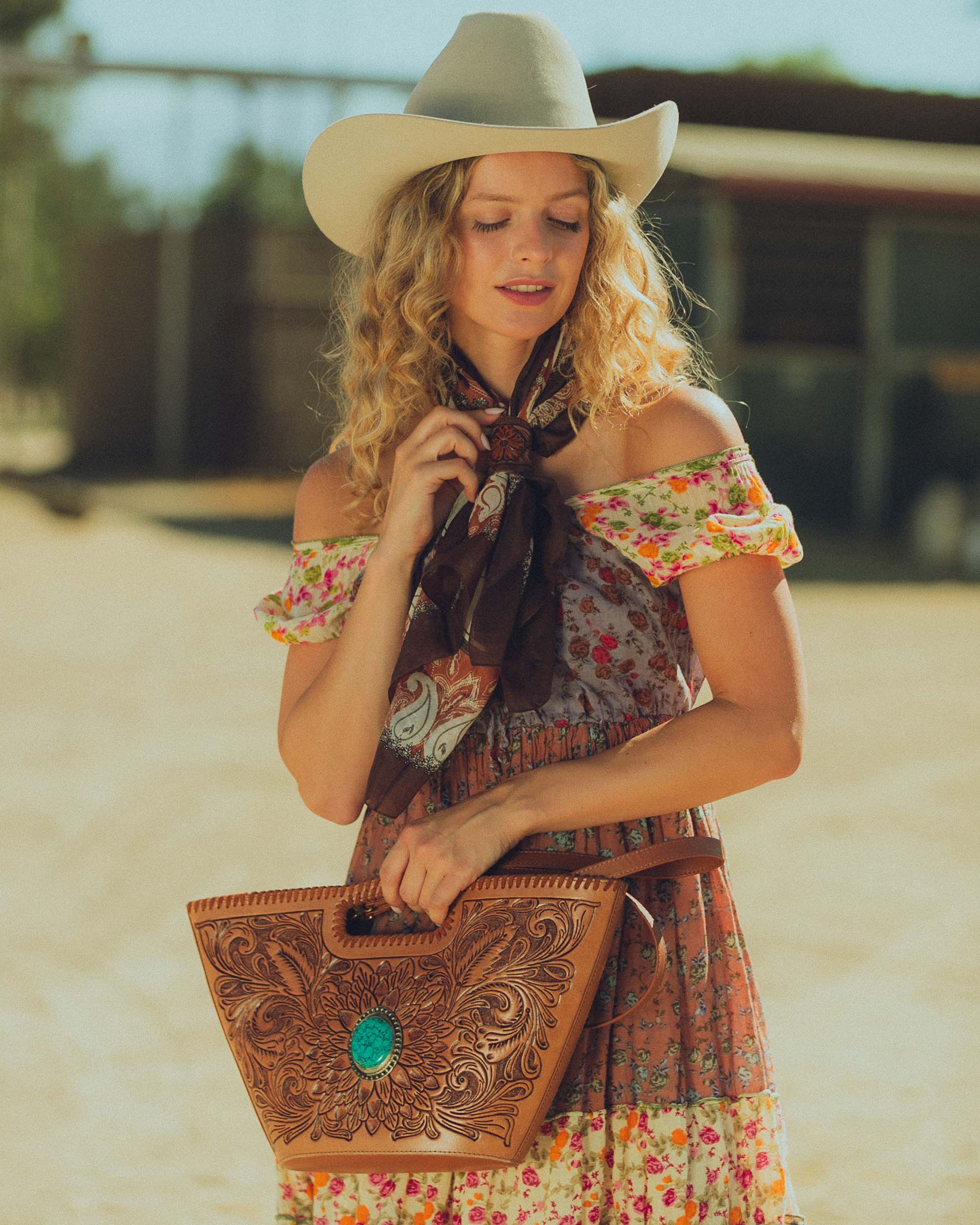 Daylight'S Ballet Silk Scarves With Handtooled Leather Slider - Bone & Saddle