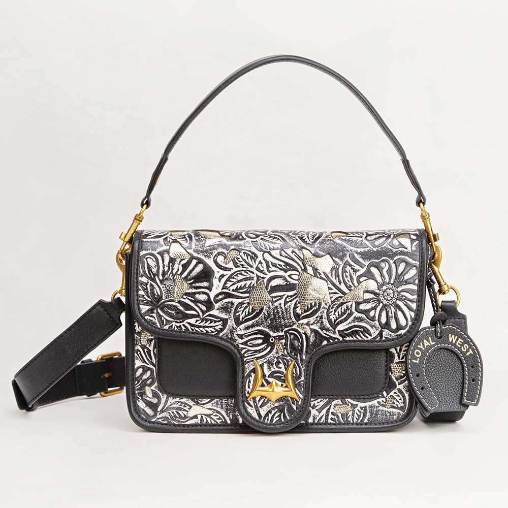 Shell Medium Purse Black Floral Leather