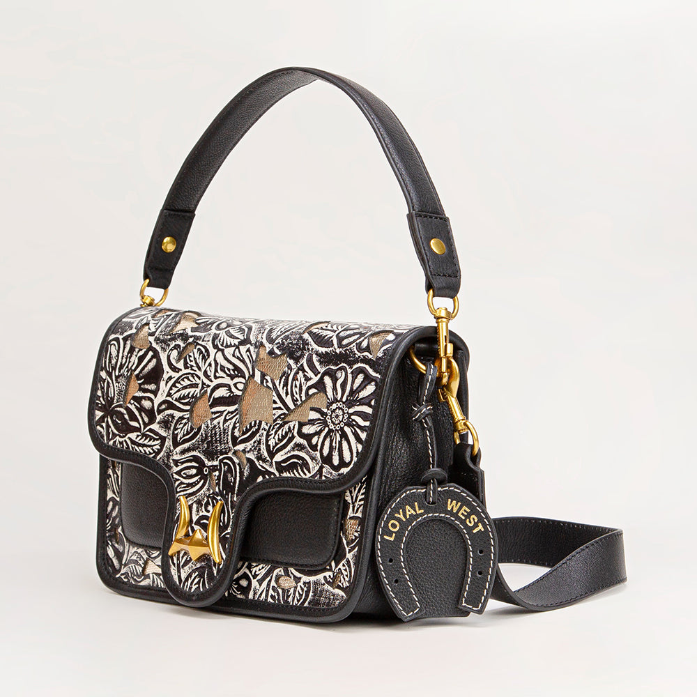 Shell Medium Purse Black Floral Leather