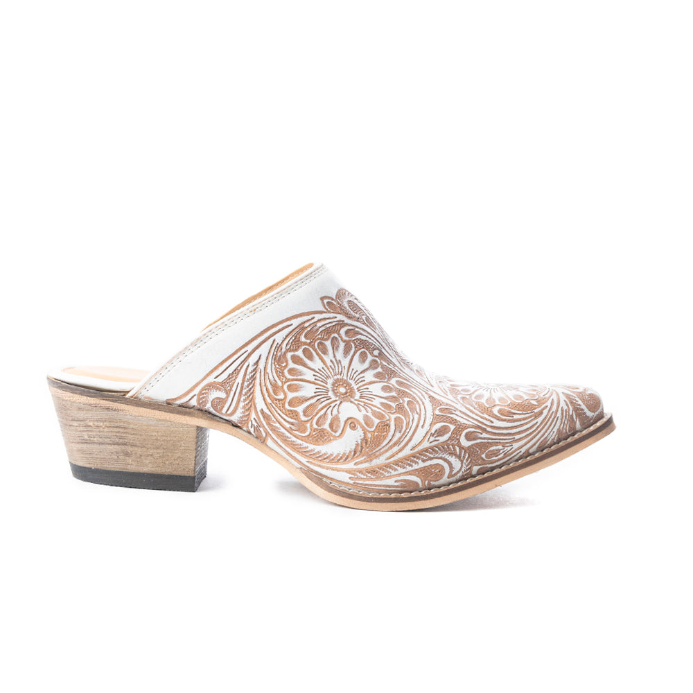 Valeria Hand-tooled Mules In White