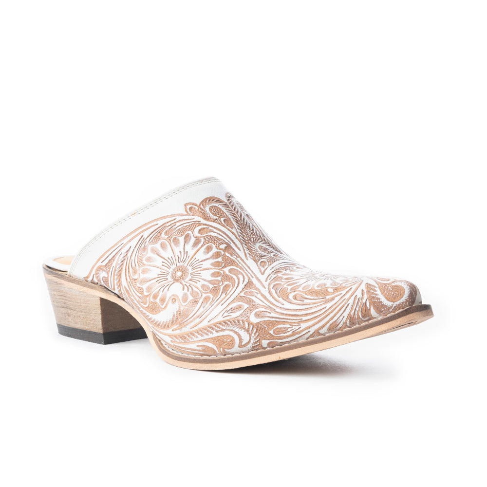 Valeria Hand-tooled Mules In White