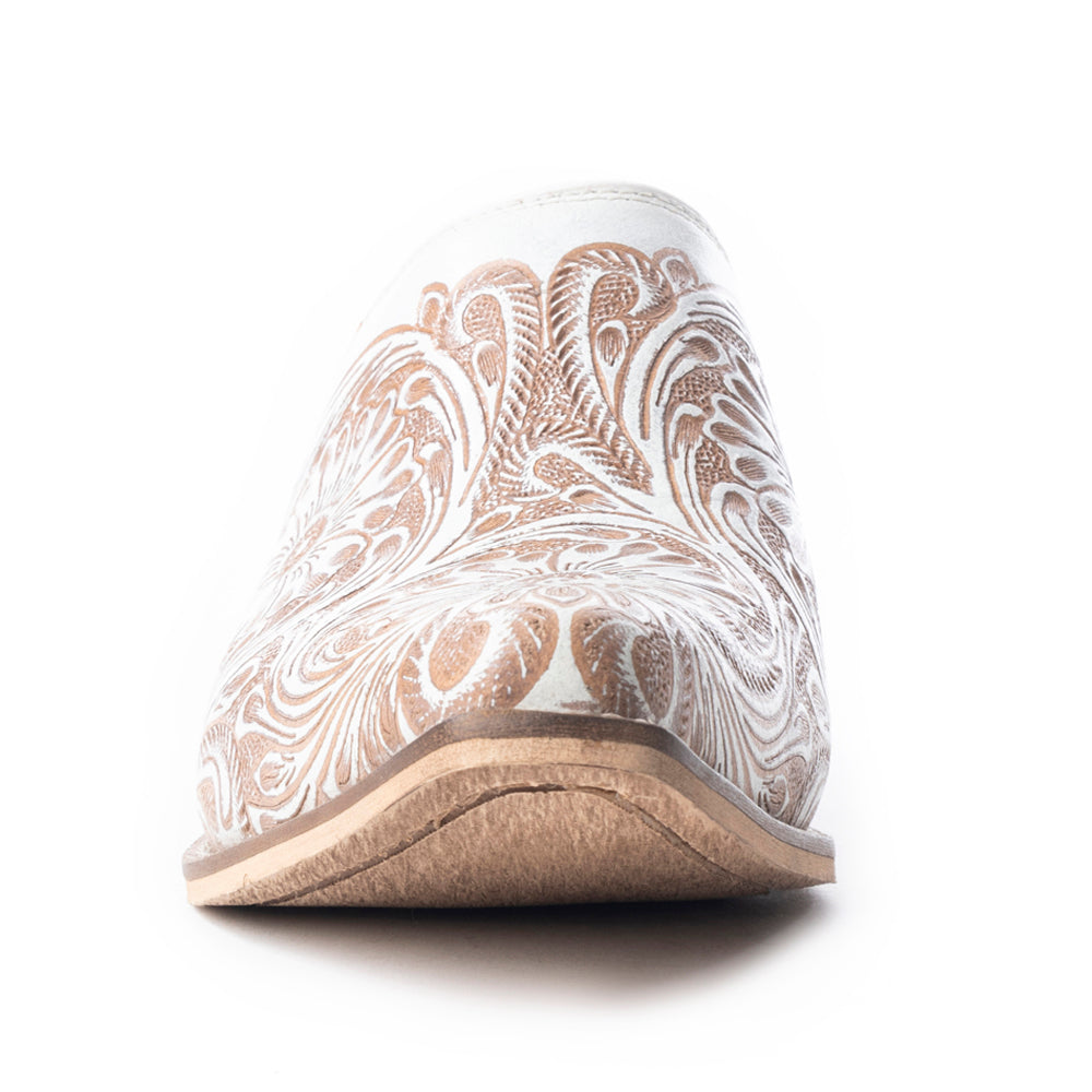 Valeria Hand-tooled Mules In White